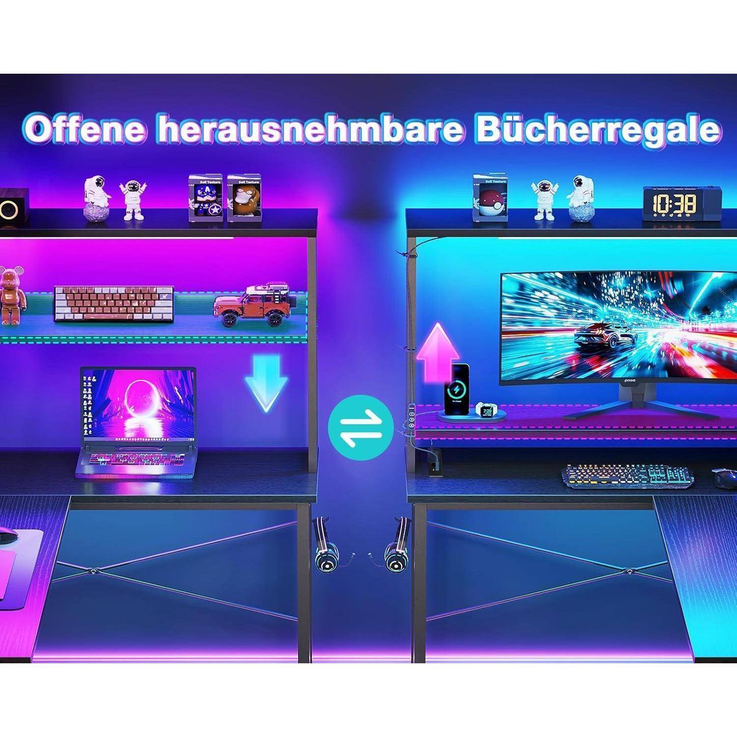 Gaming Tisch L Form LED Steckdosen Regal 110×80 cm Schwarz