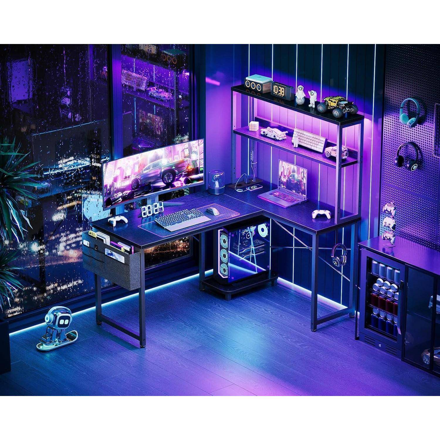 Gaming Tisch L Form LED Steckdosen Regal 110×80 cm Schwarz