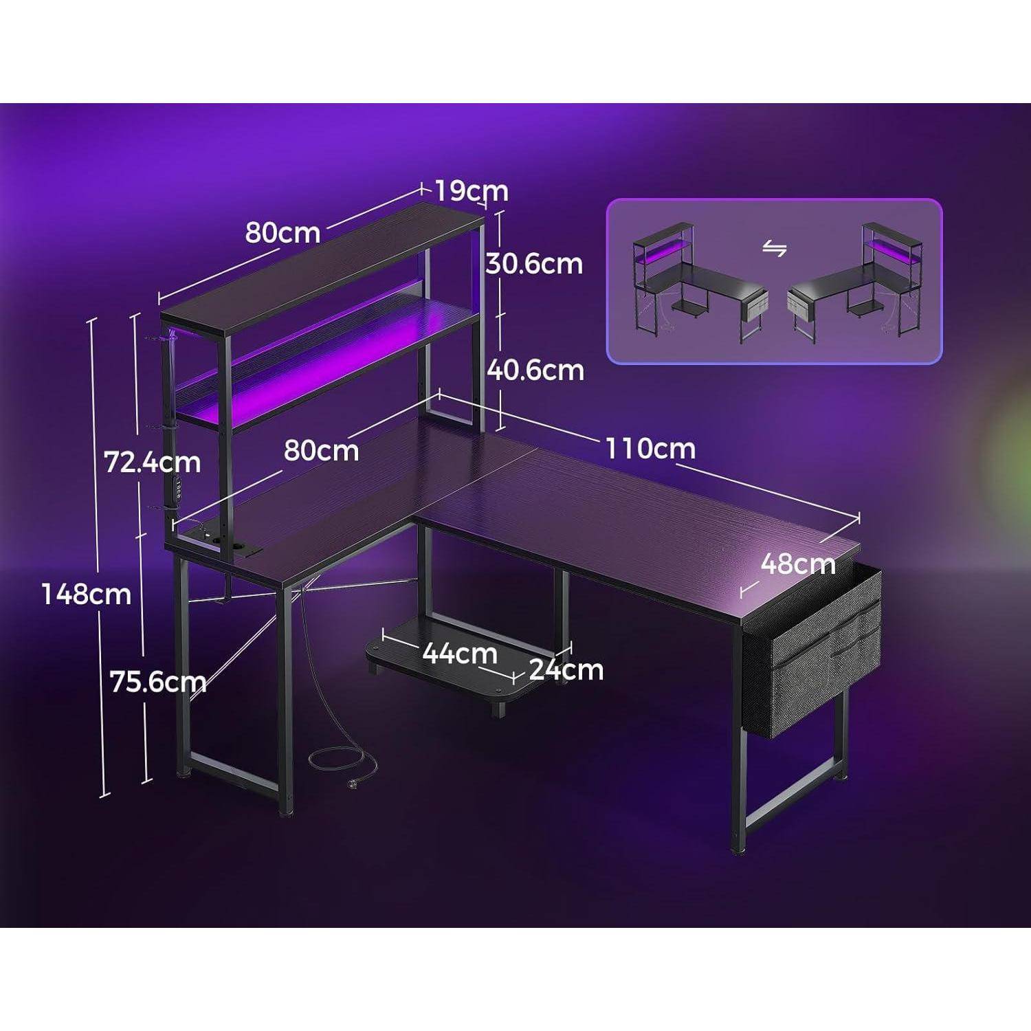 Gaming Tisch L Form LED Steckdosen Regal 110×80 cm Schwarz
