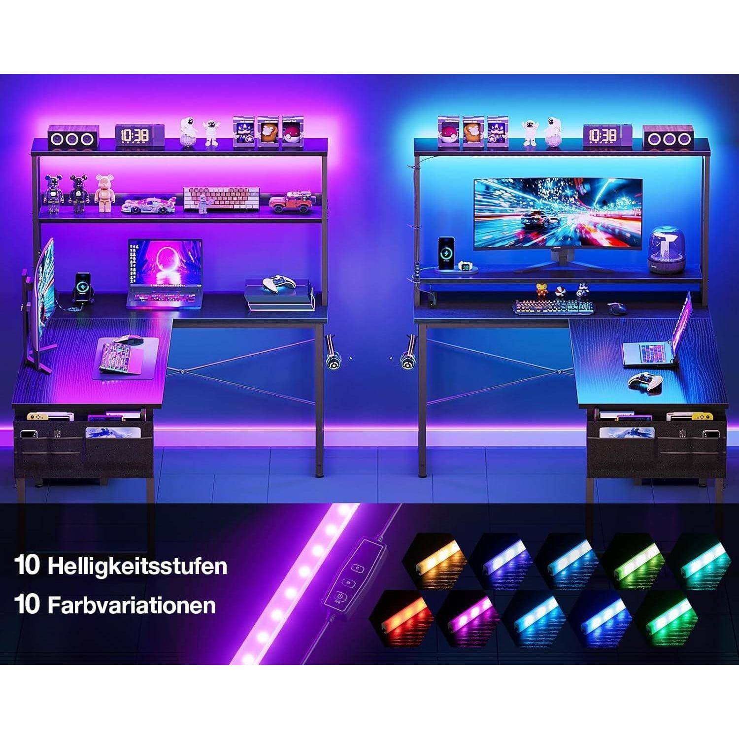 Gaming Tisch L Form LED Steckdosen Regal 110×80 cm Schwarz