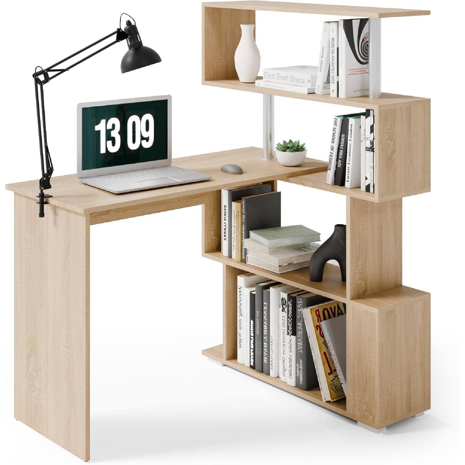 Eckschreibtisch LFormig 360Grad Drehbar Bücherregal Büro Eiche
