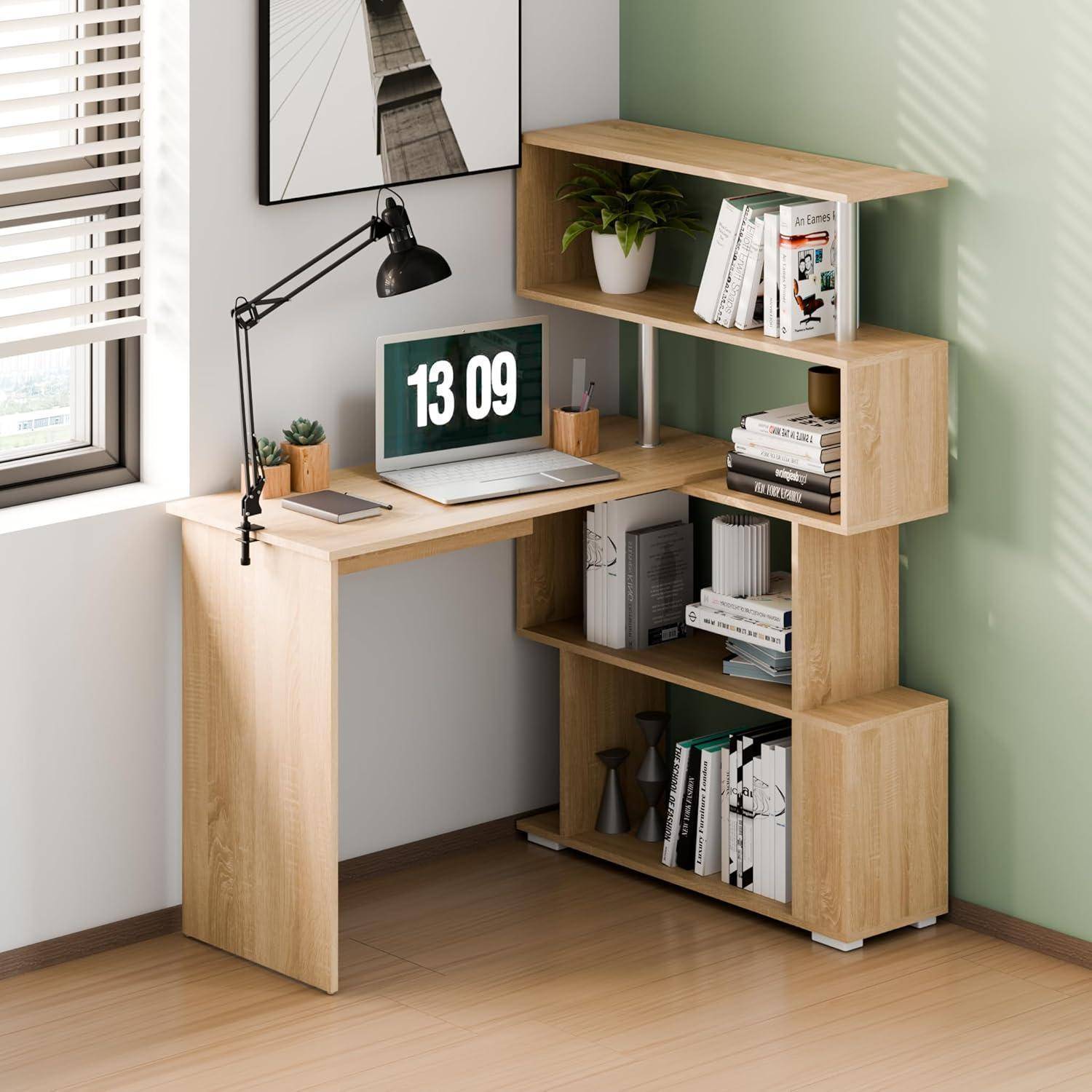 Eckschreibtisch LFormig 360Grad Drehbar Bücherregal Büro Eiche