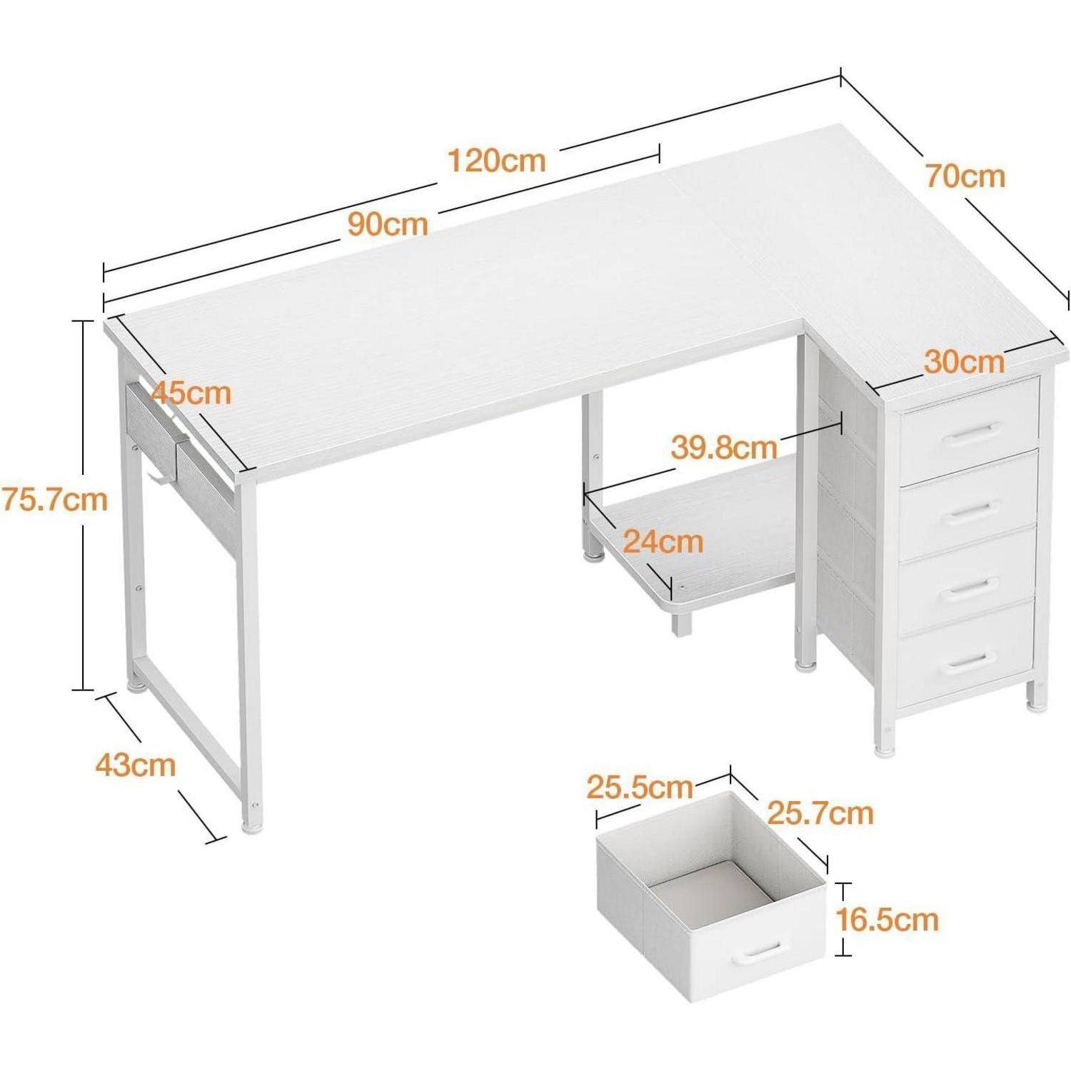 Eckschreibtisch L 4 Schubladen umkehrbar 120 × 70 cm Weiß