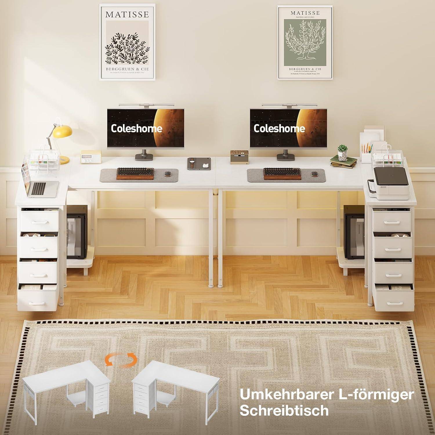 Eckschreibtisch L 4 Schubladen umkehrbar 120 × 70 cm Weiß