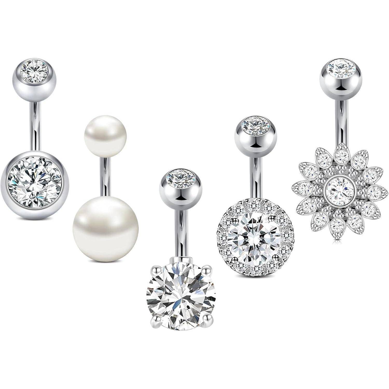 Bauchnabelpiercing 14G 6mm 316L Bananabell Zirkonia Silber-5 Stk 01