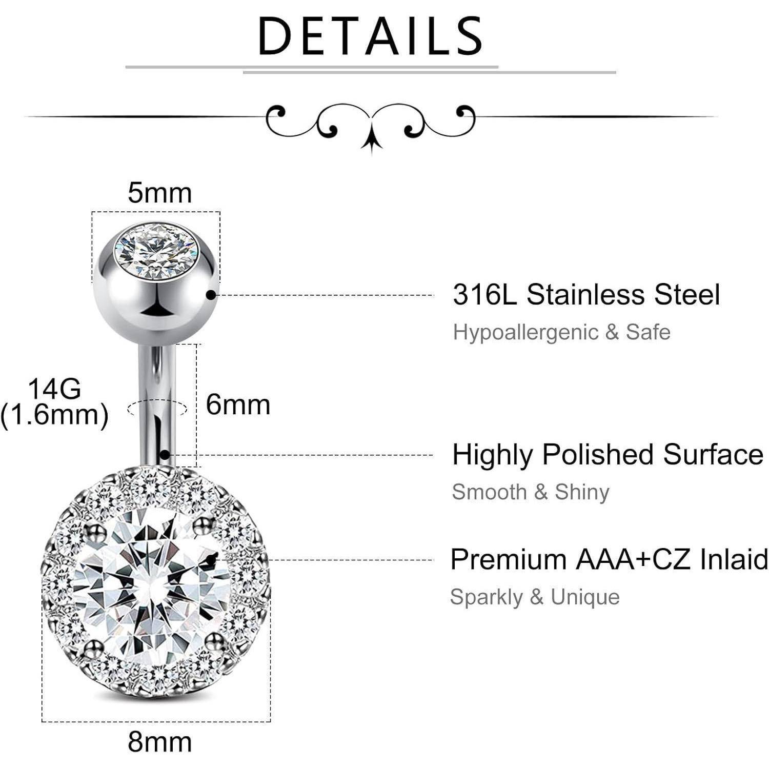 Bauchnabelpiercing 14G 6mm 316L Bananabell Zirkonia Silber-5 Stk 01