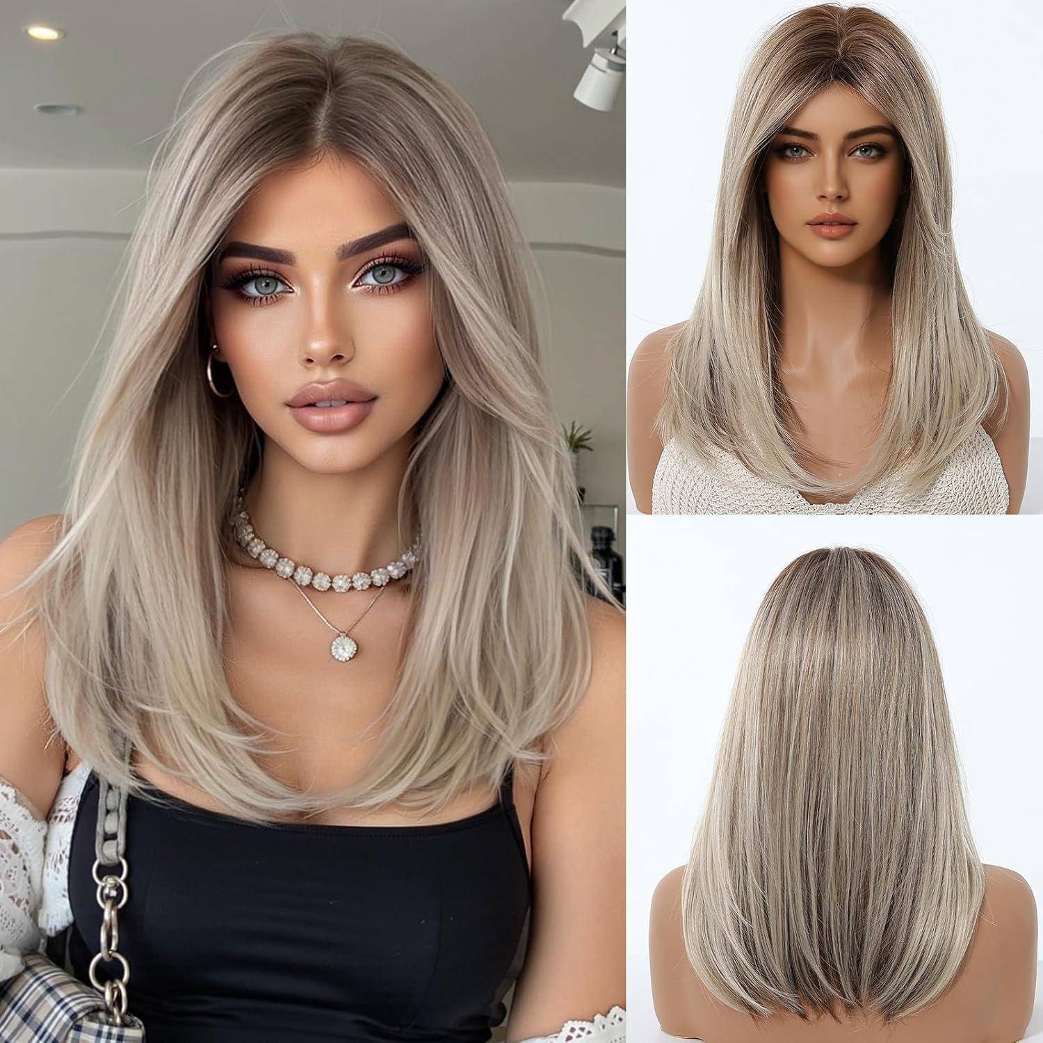 Perücke Ombre Aschblonde Mittellang Pony Ombre Aschblond(1295-3)