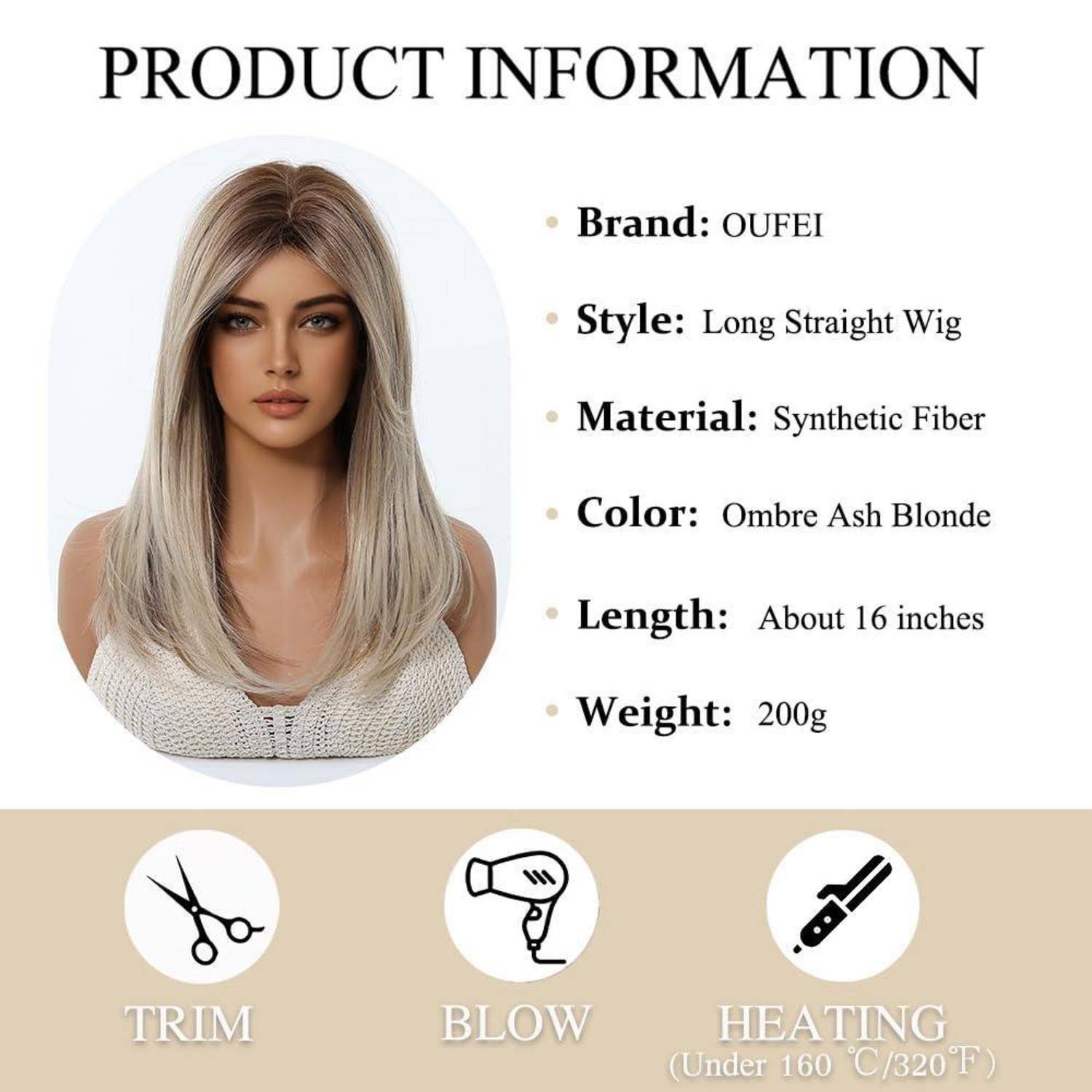 Perücke Ombre Aschblonde Mittellang Pony Ombre Aschblond(1295-3)