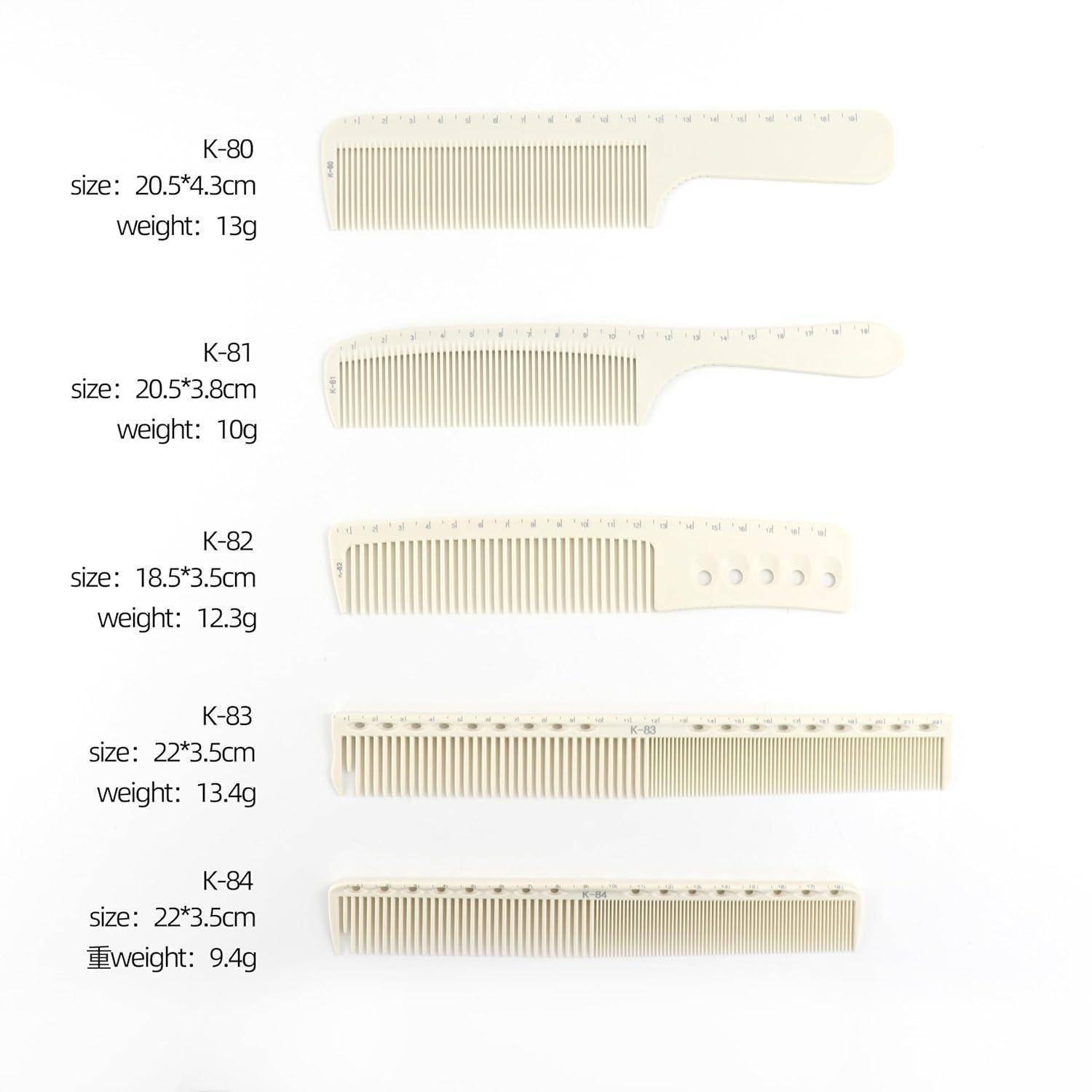 Fünf beige Kämme in verschiedenen Größen und Ausführungen, gekennzeichnet mit K-80 bis K-84. Die Größe und das Gewicht jedes Kamms sind daneben aufgeführt.