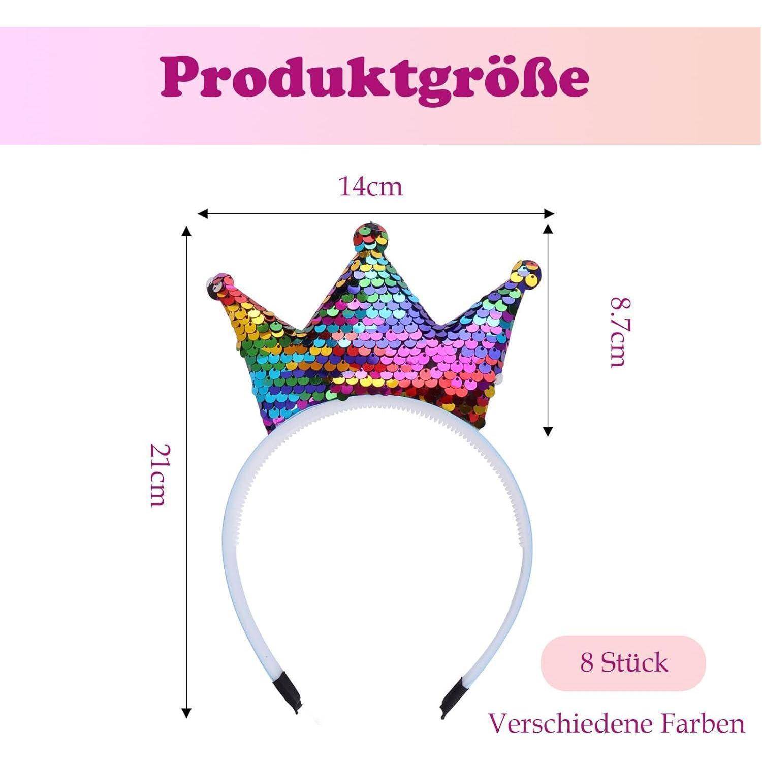 Eine bunte Pailletten-Kronenhaarbinde mit Maßen: 14 cm breit, 21 cm hoch, Kronenhöhe 8,7 cm. Enthält 8 Stück in verschiedenen Farben.