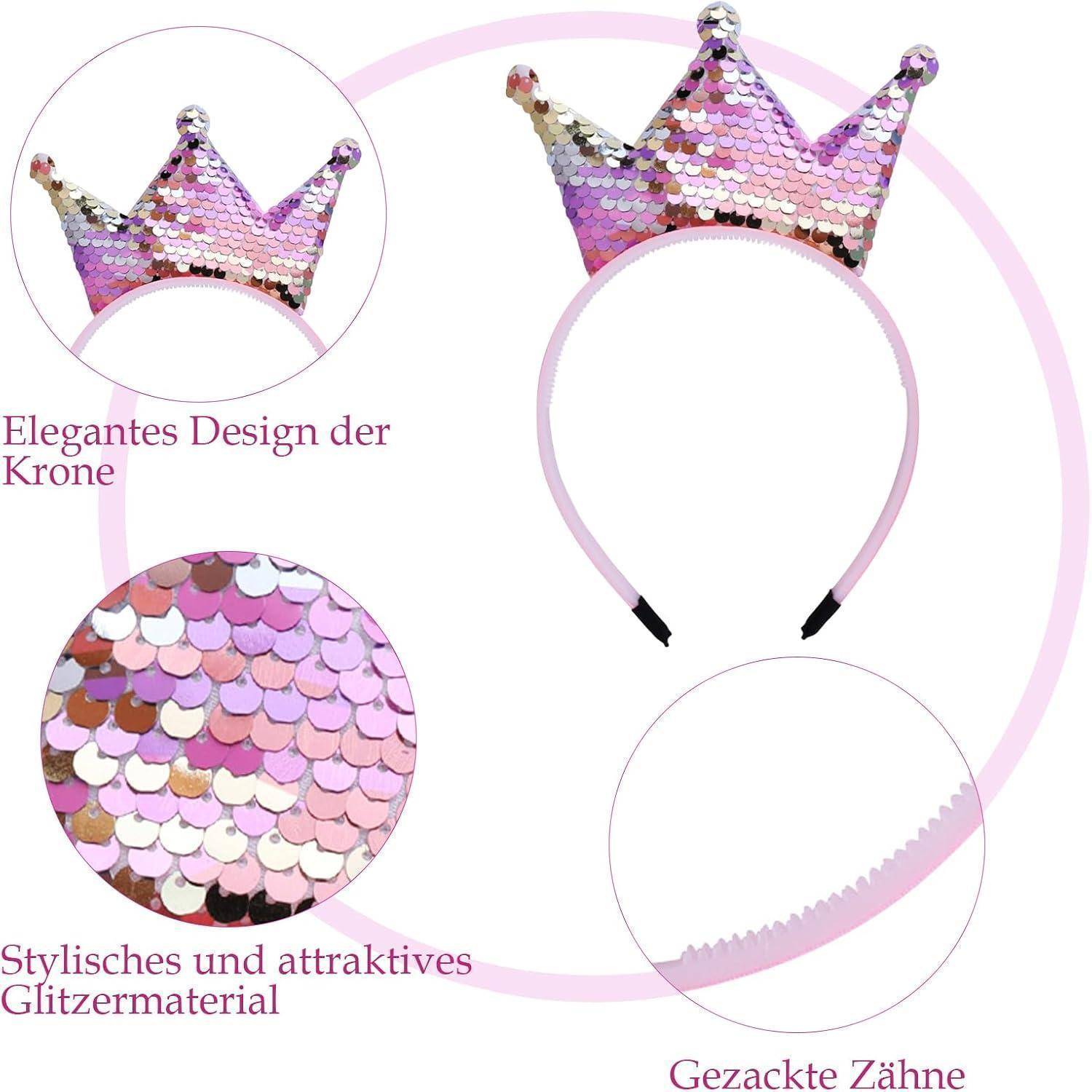 Ein pinker Pailletten-Kronen-Haarreif wird präsentiert, der seinen eleganten Stil, das attraktive Glitzermaterial und die gezackten Kanten hervorhebt.