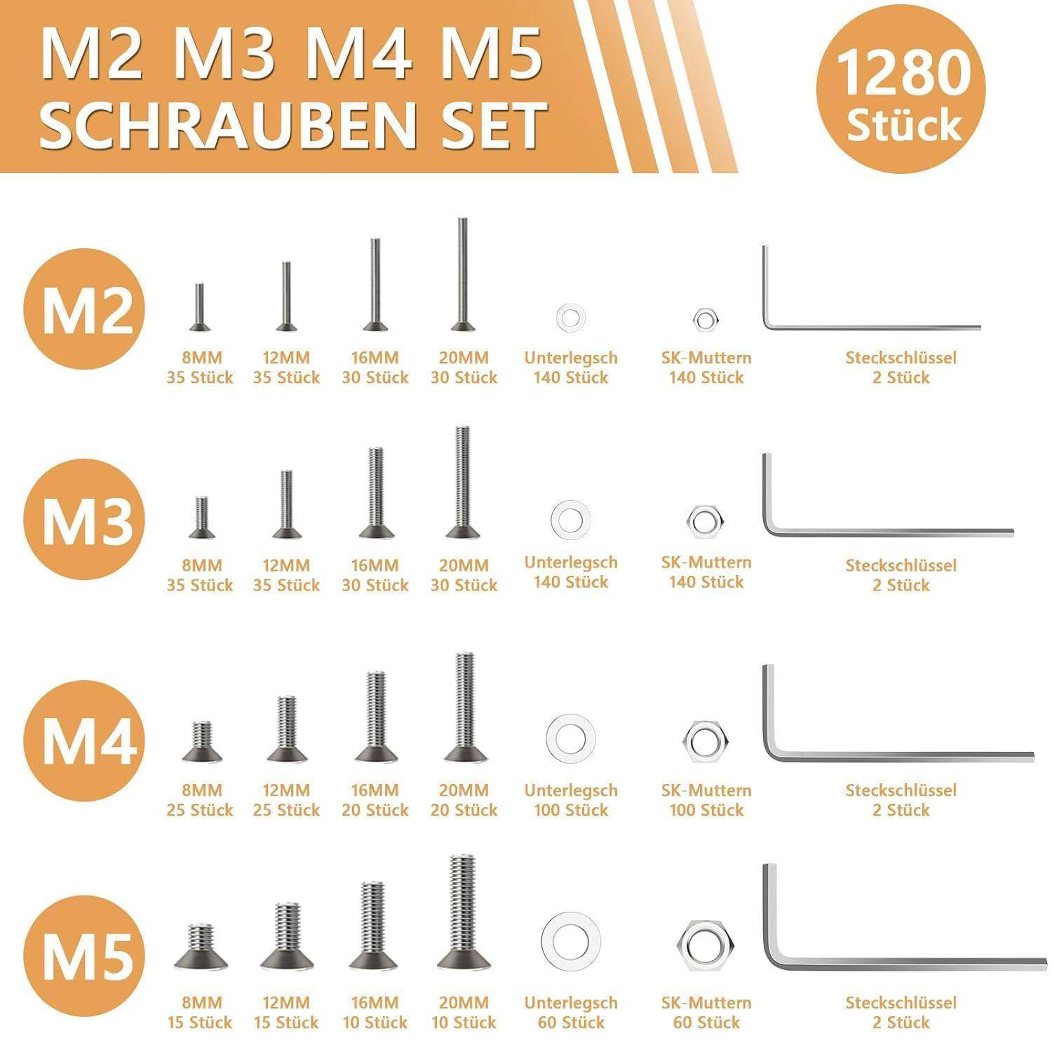 Schraubenset M2-M5 1280 Teile Edelstahl A2 Senkkopf Innensechskant