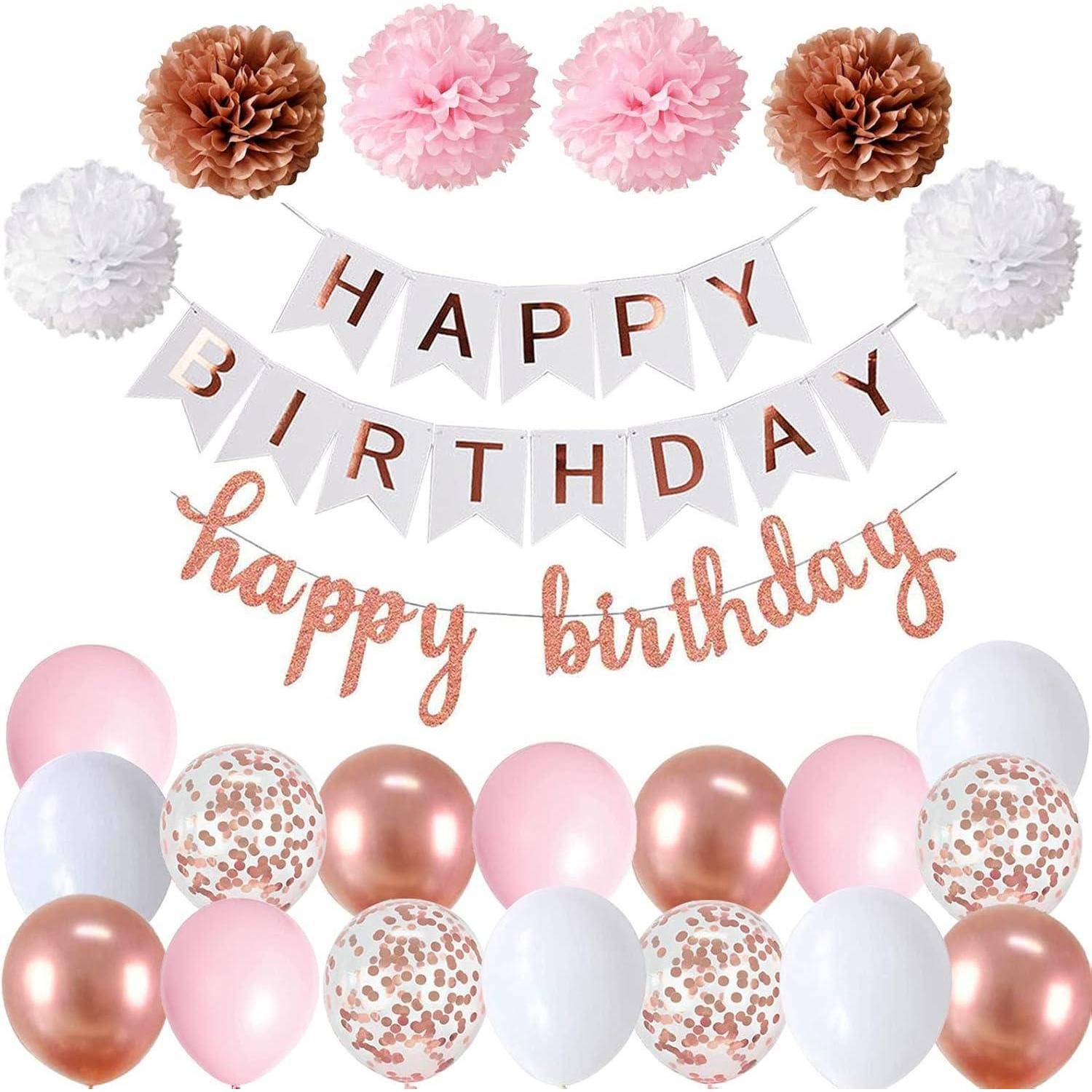 Geburtstagsdeko Rosegold Weiß Ballons Girlande Pompoms Rosegold white