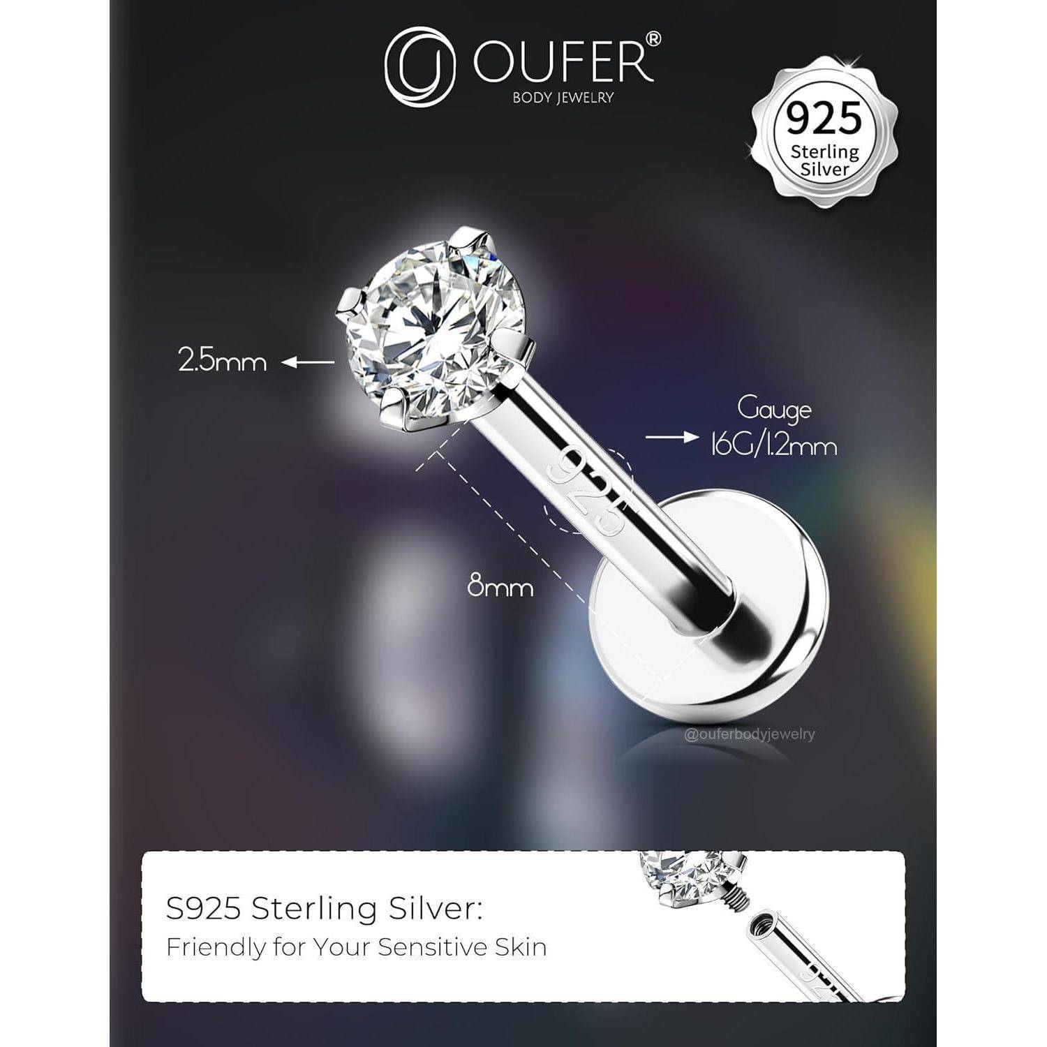 Piercing Helix Silber 925 Innengewinde 16G 8mm CZ 3mm 2.5mm CZ 16G8mm
