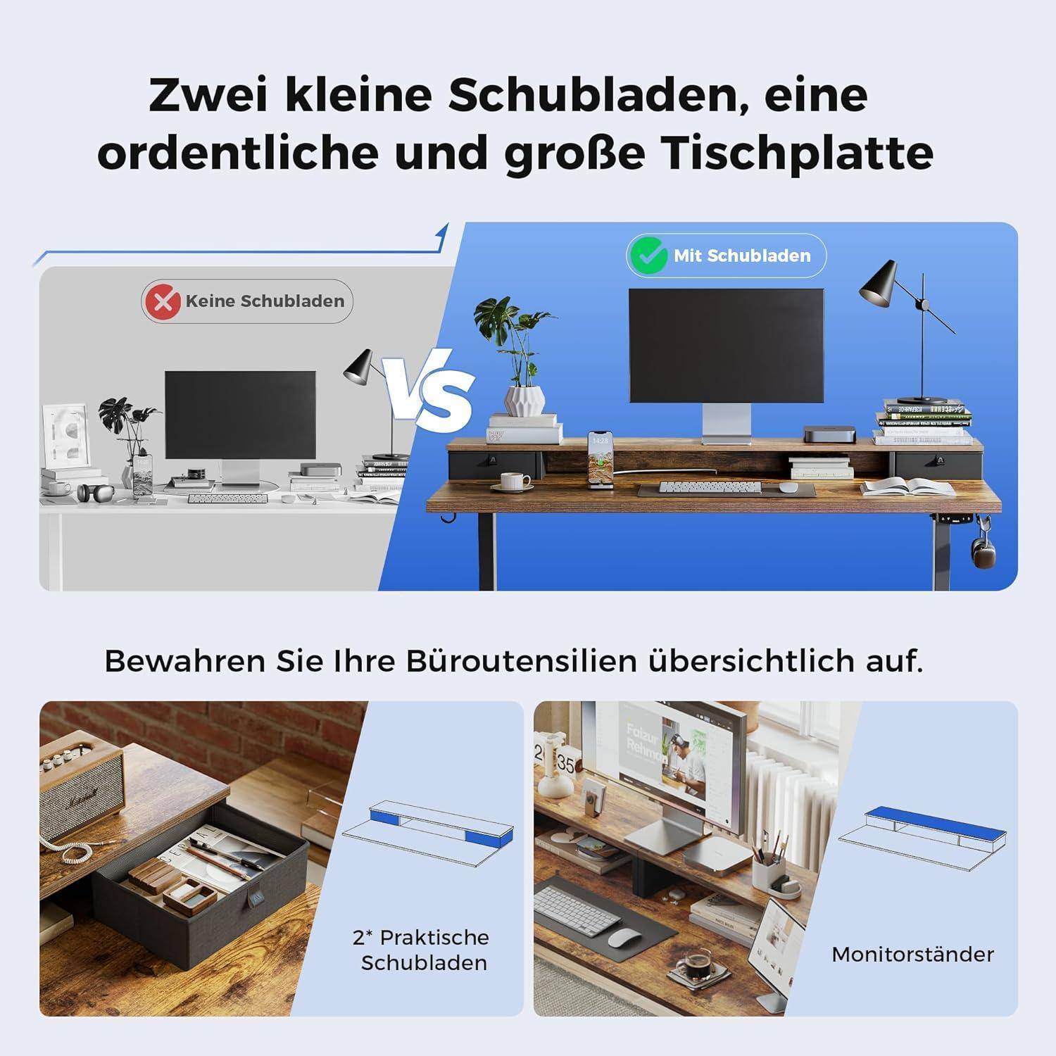 Höhenverstellbarer Schreibtisch 160x60 cm mit 2 Schubladen Braun