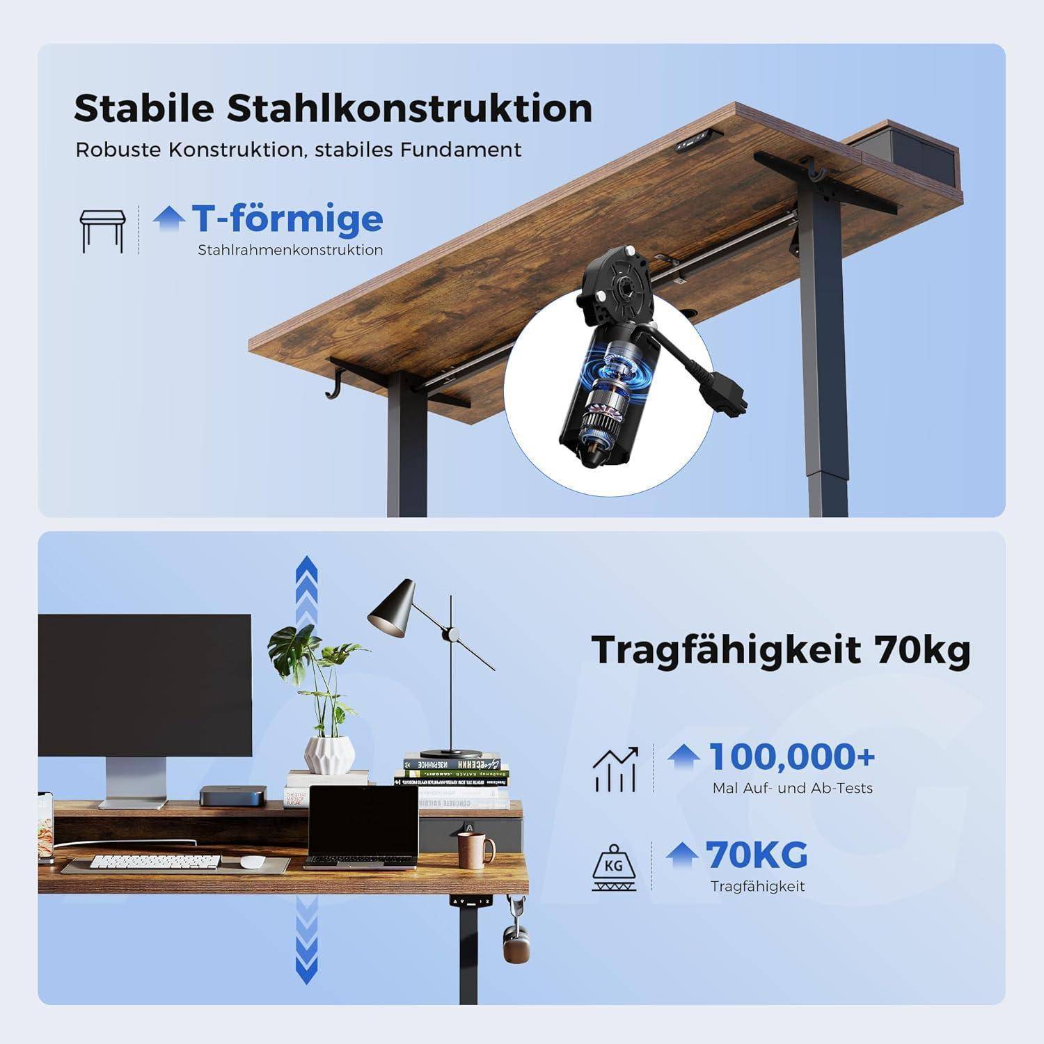 Höhenverstellbarer Schreibtisch 160x60 cm mit 2 Schubladen Braun
