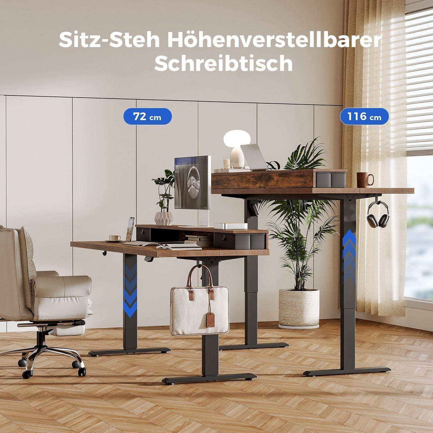 Schreibtisch höhenverstellbar Stehsitz 2 Schubladen Braun 100 x 60 cm