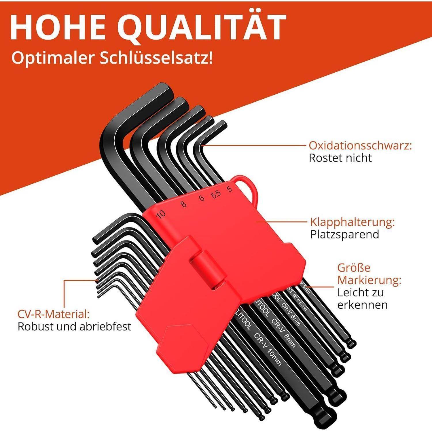 Set schwarzer L-förmiger Sechskantschlüssel in verschiedenen Größen mit rotem Halter. Beschreibender Text hebt Qualitätsmerkmale wie Rostbeständigkeit und Langlebigkeit hervor.