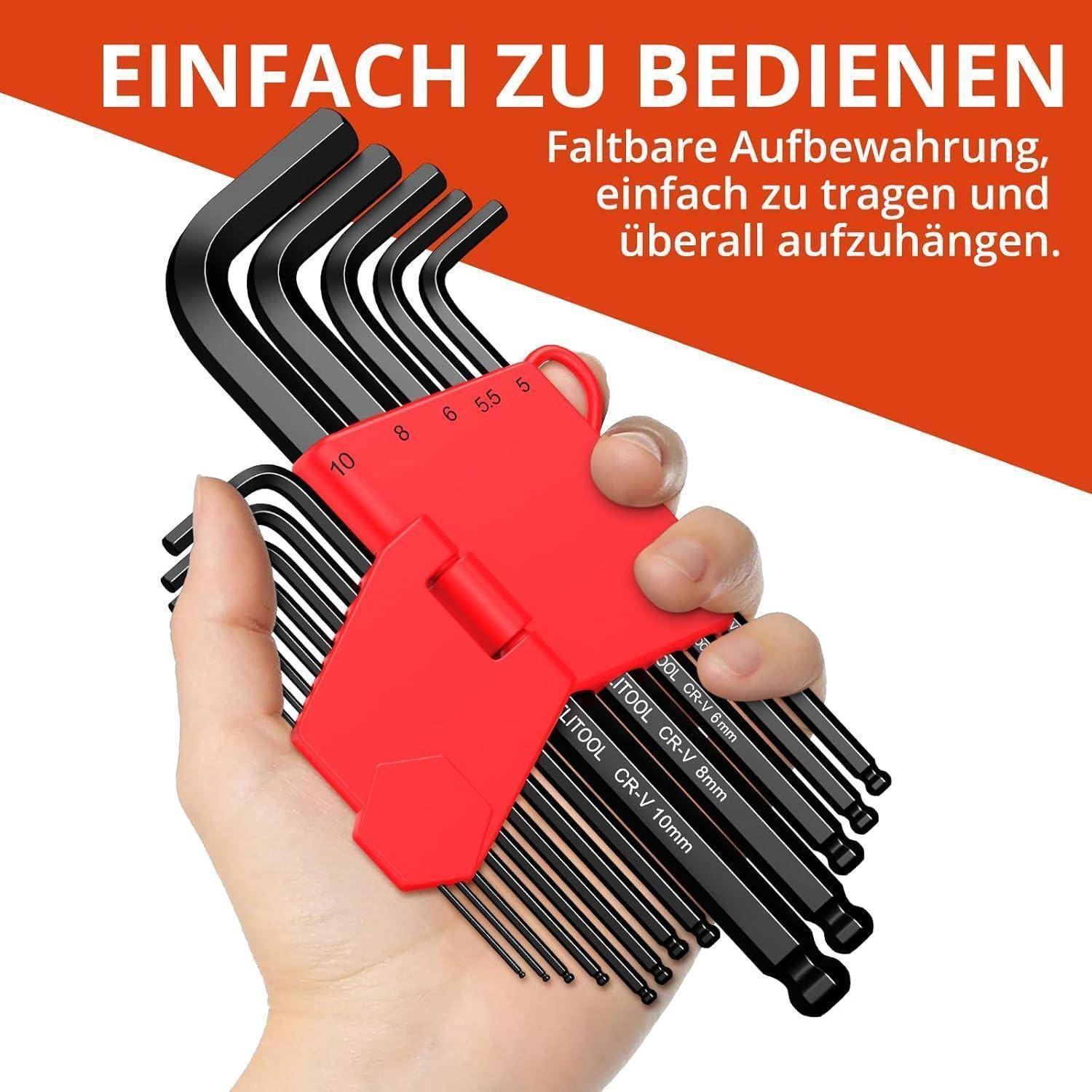 Eine Hand hält einen Satz schwarzer L-förmiger Sechskantschlüssel in einer roten, faltbaren Hülle mit dem deutschen Text 'EINFACH ZU BEDIENEN'.