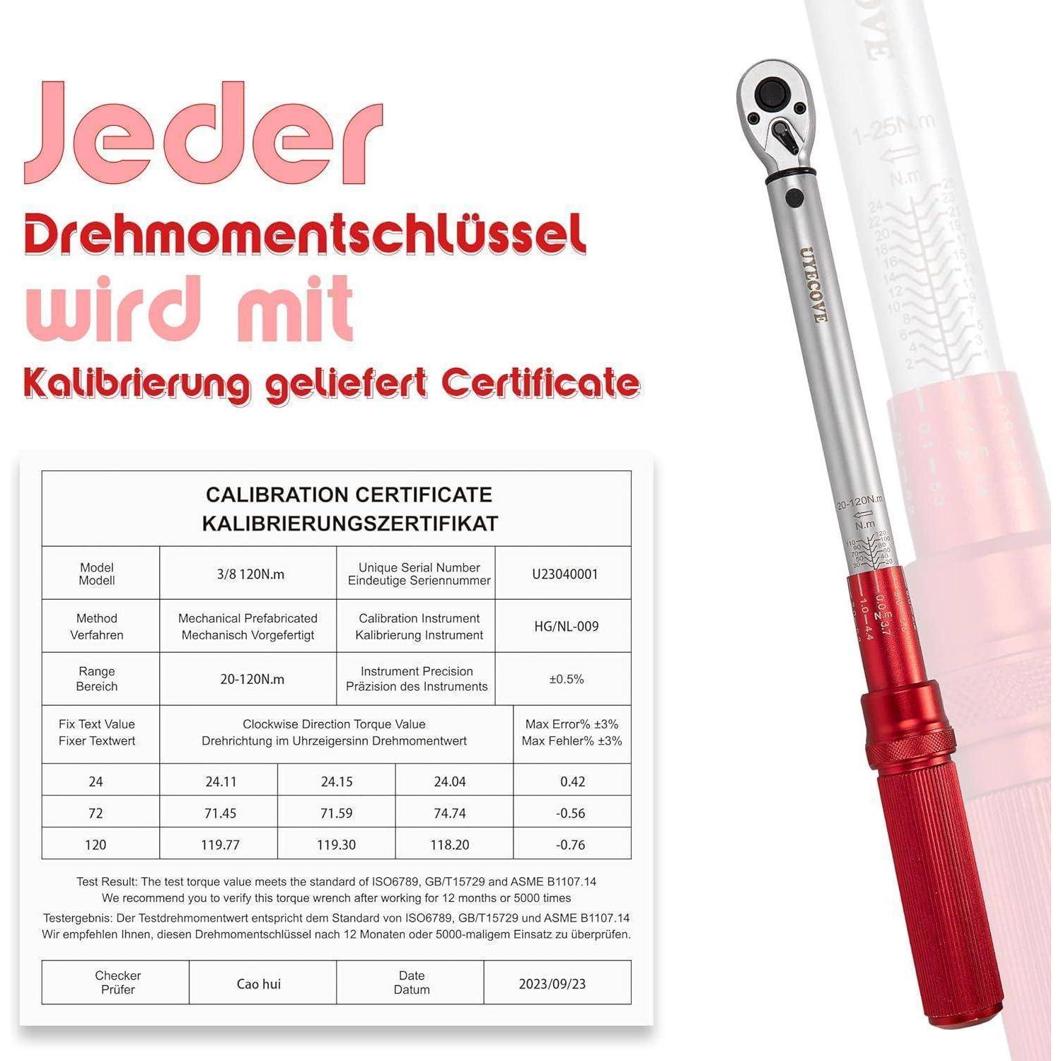Drehmomentschlüssel wird mit Kalibrierbescheinigung in deutscher Sprache geliefert. Zeigt Spezifikationen, Seriennummer U23400001 und Kalibrierdatum.