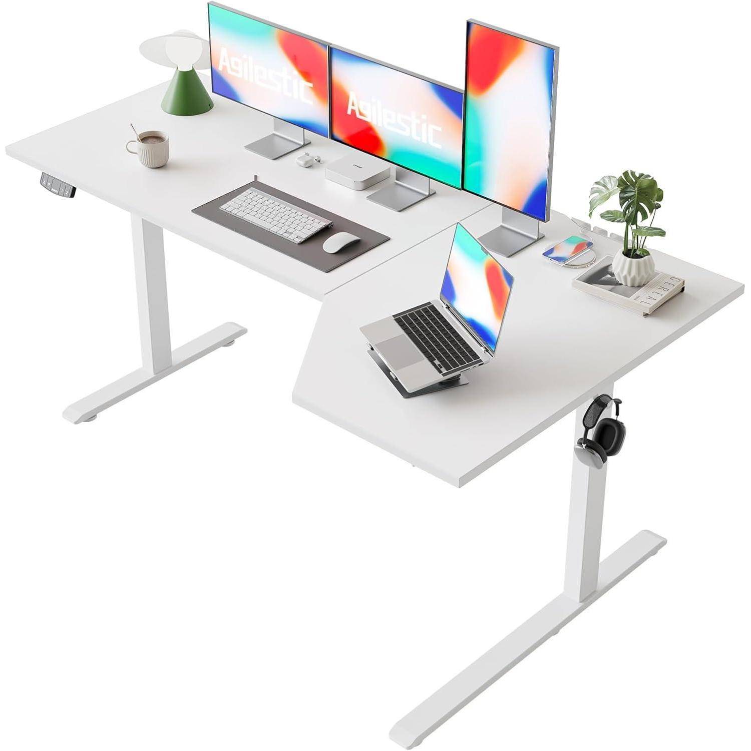 Stehschreibtisch elektrisch L Form höhenverstellbar Weiß 160 x 90 cm