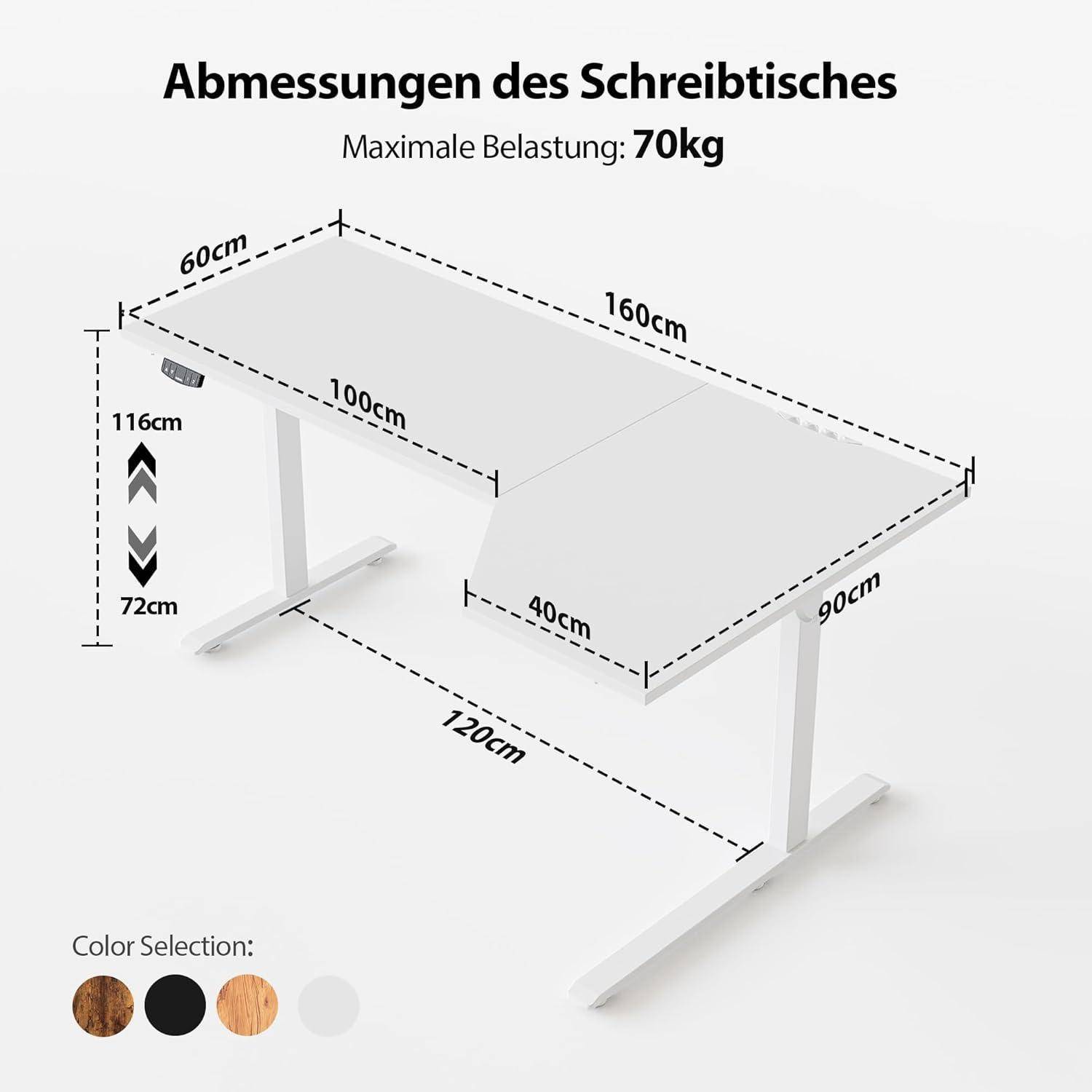 Stehschreibtisch elektrisch L Form höhenverstellbar Weiß 160 x 90 cm