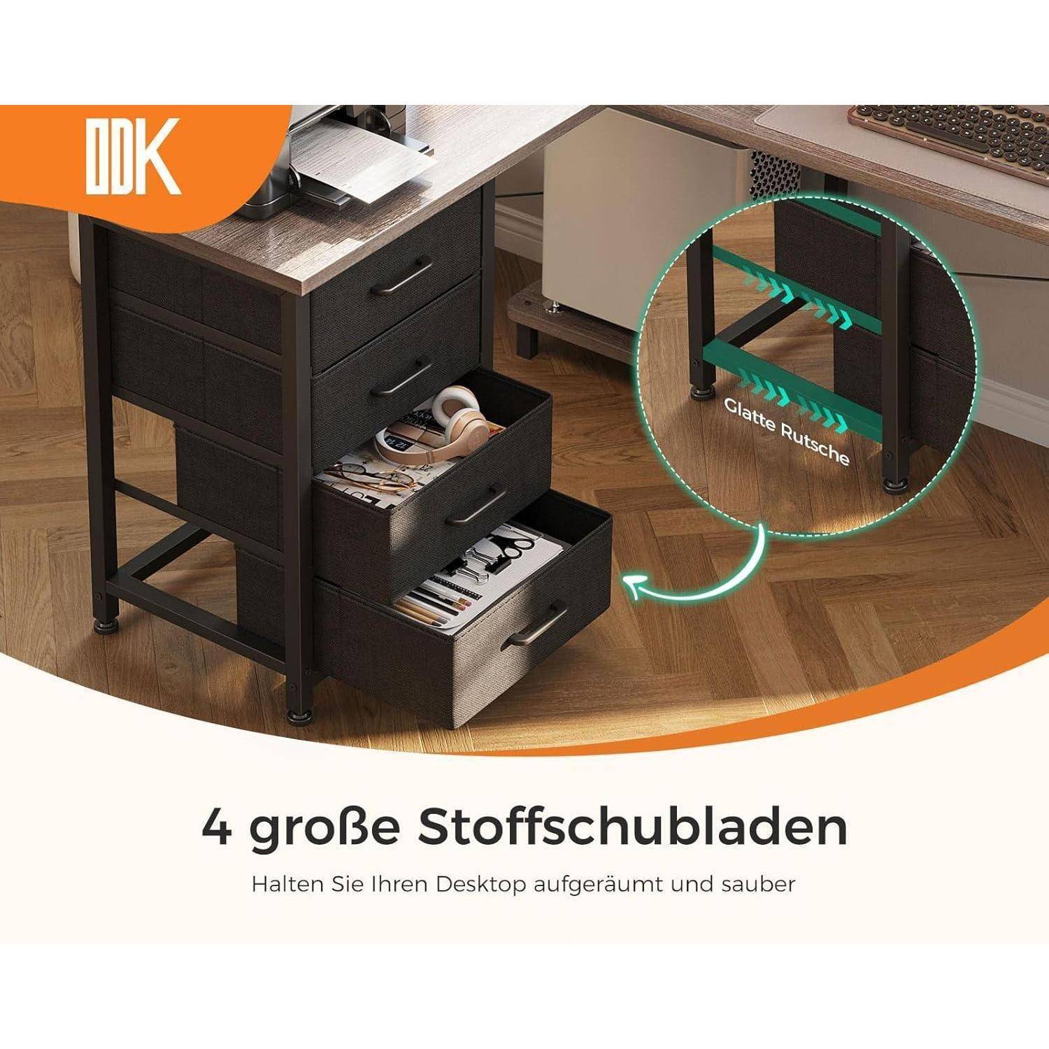 Eckschreibtisch 4 Schubladen L Form USB Graue Eiche 155 × 110 cm