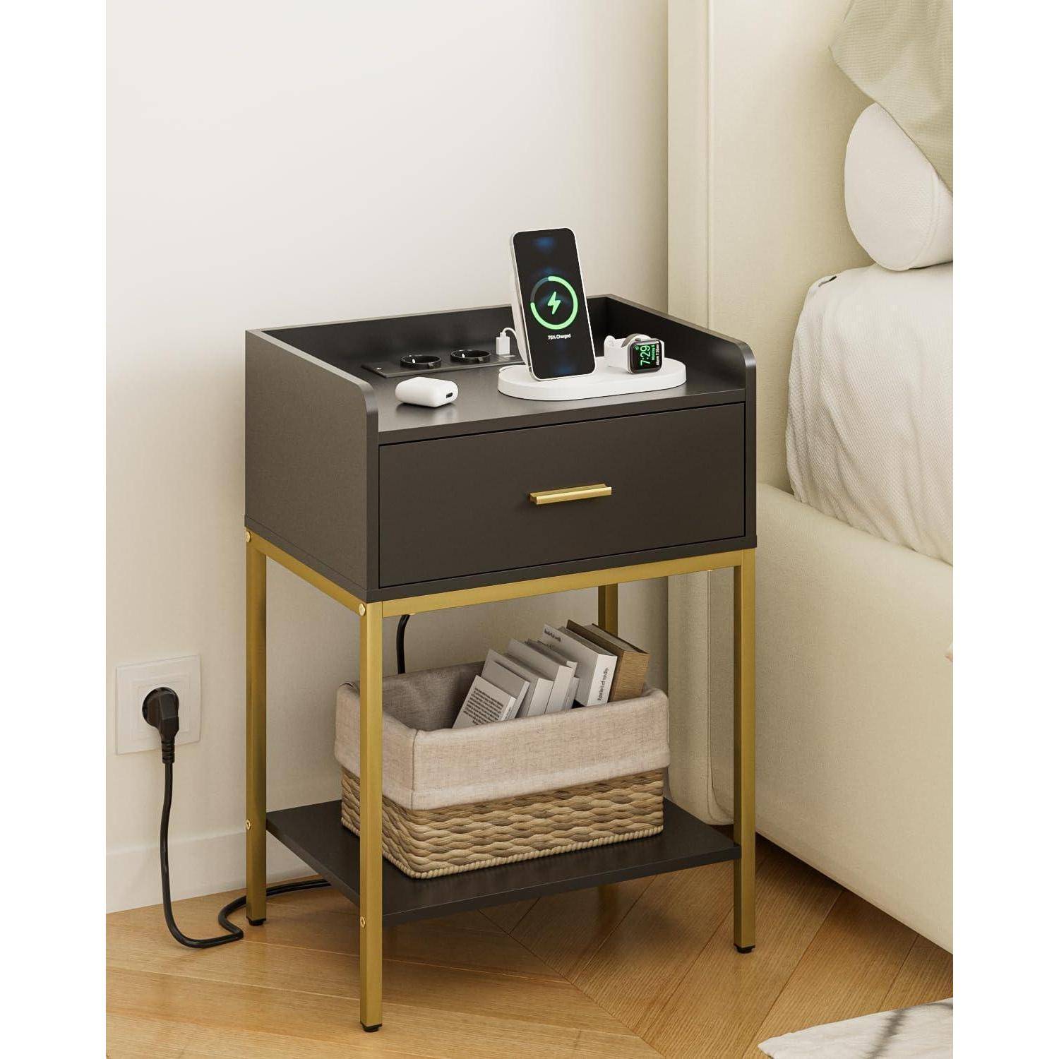 Nachttisch 3 Tier Nachtschrank Schublade Schwarz (mit Steckdose)