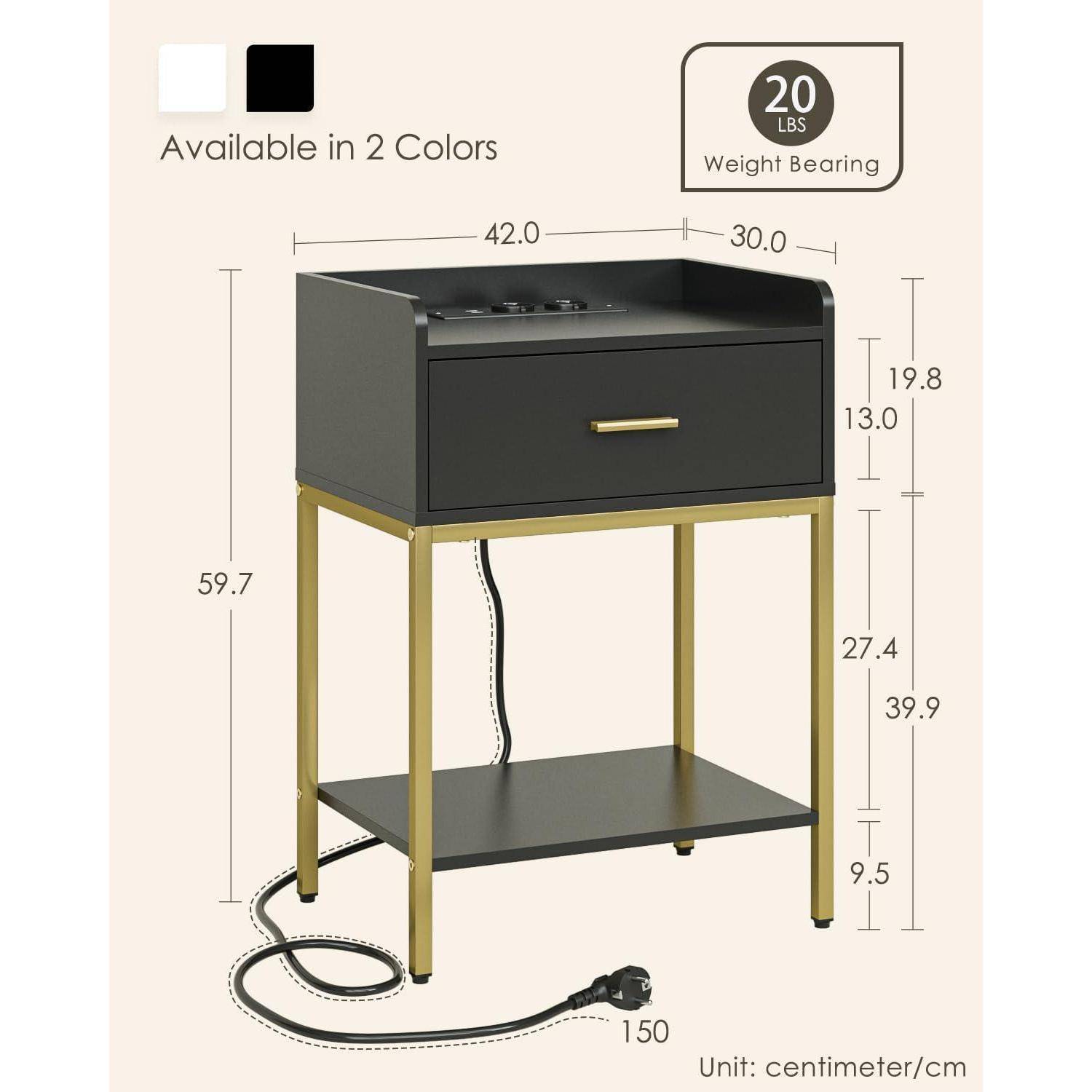Nachttisch 3 Tier Nachtschrank Schublade Schwarz (mit Steckdose)
