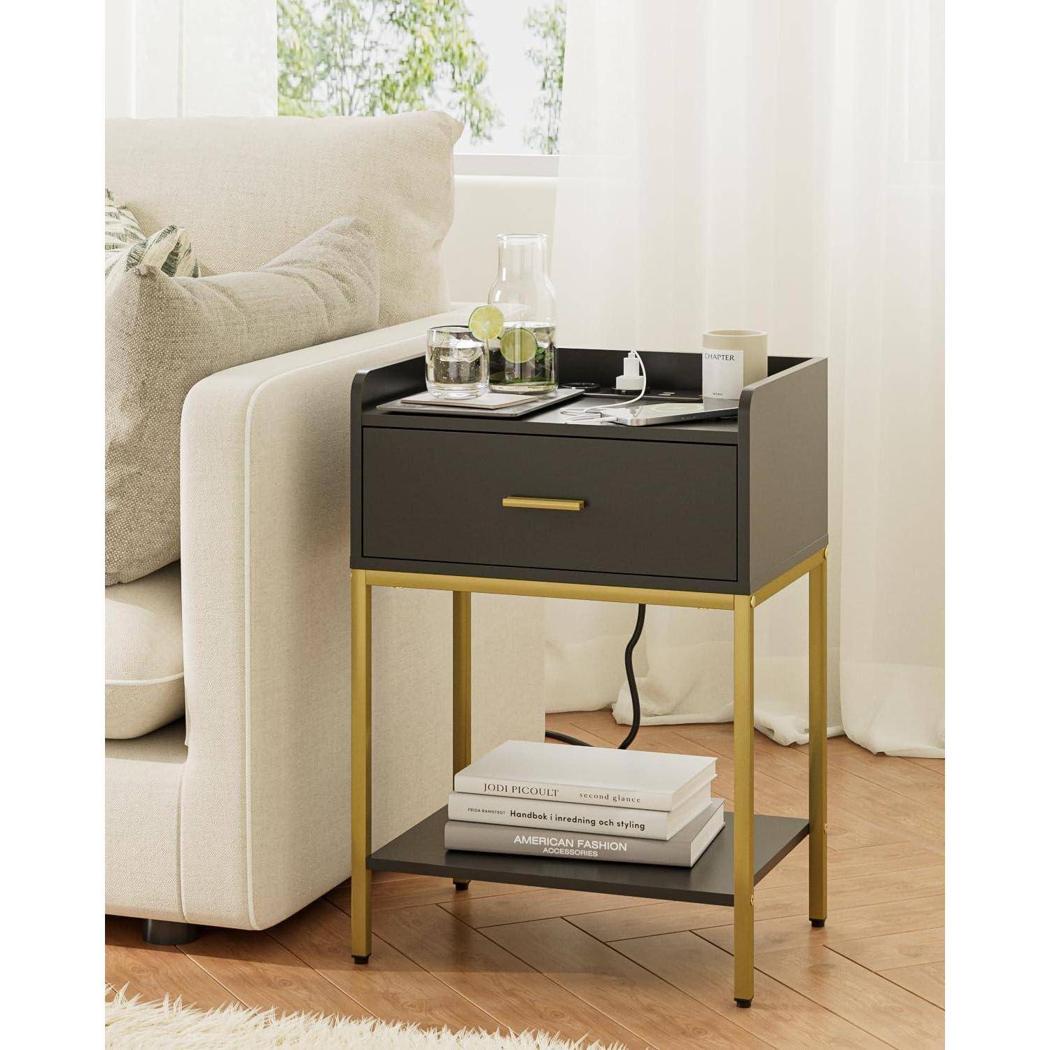 Nachttisch 3 Tier Nachtschrank Schublade Schwarz (mit Steckdose)