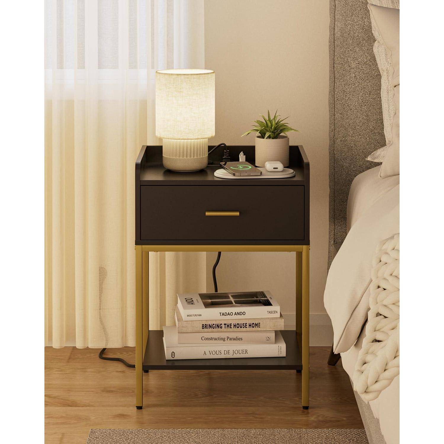 Nachttisch 3 Tier Nachtschrank Schublade Schwarz (mit Steckdose)