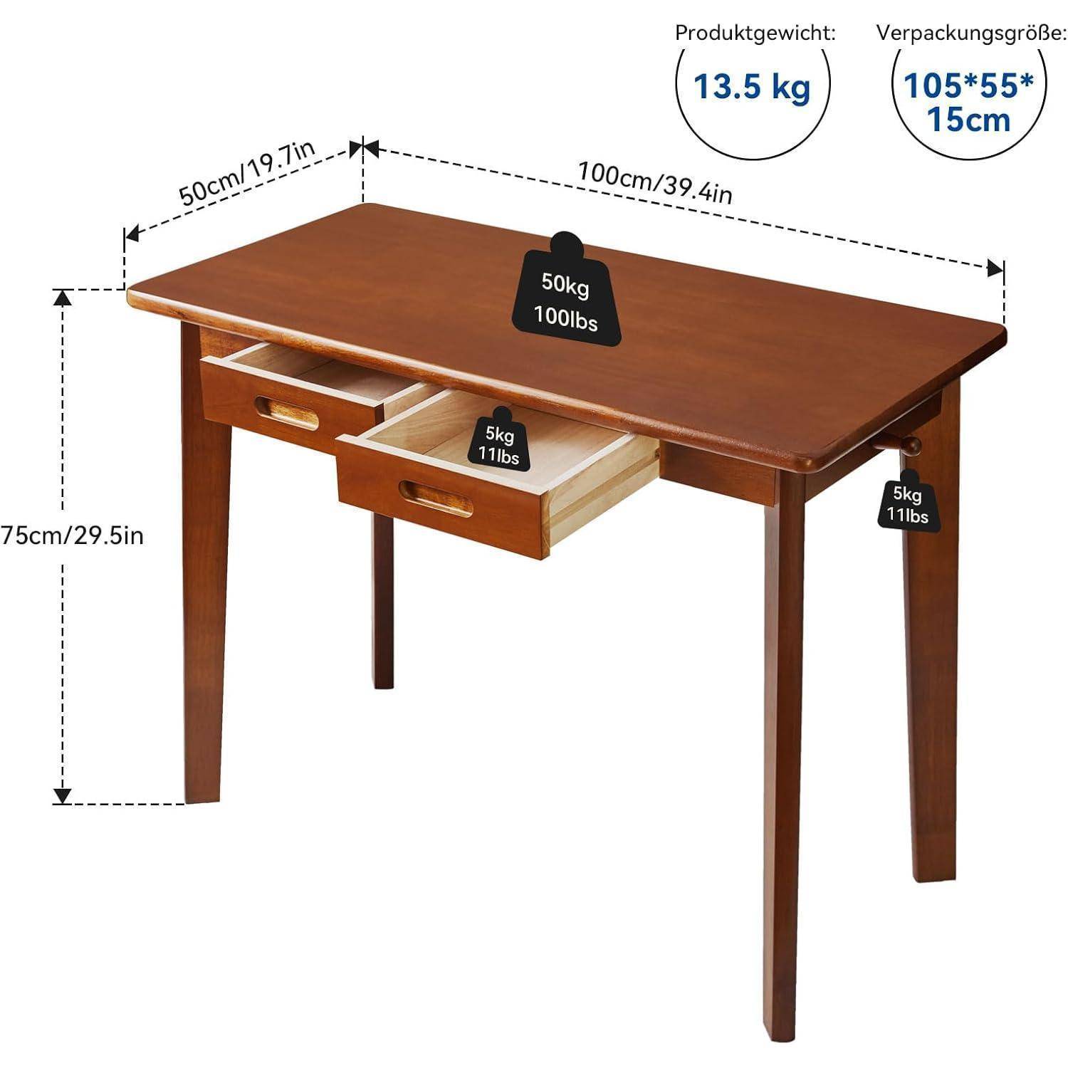 Schreibtisch Massivholz Schubladen 100x50 cm Rustikales Braun