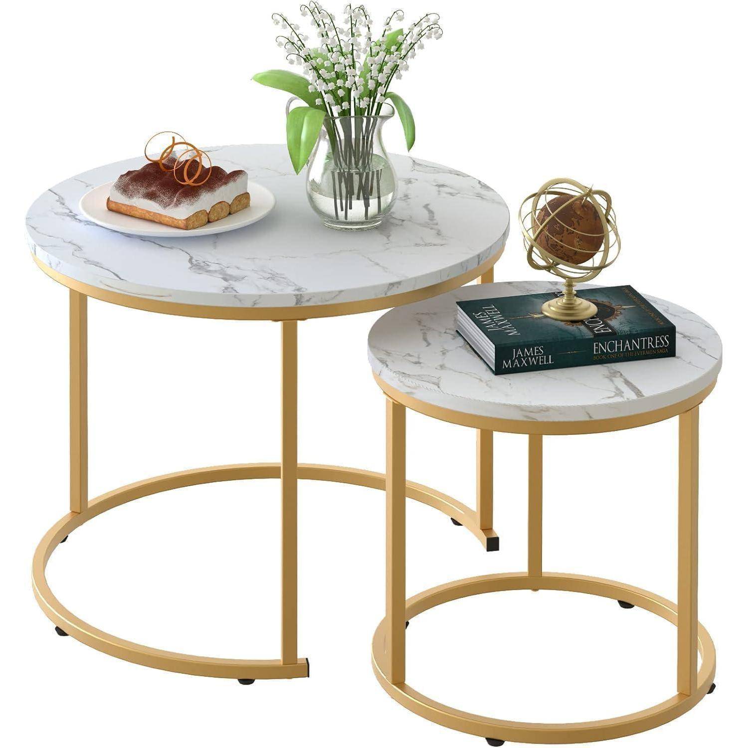 Couchtische 2er Set rund Metallrahmen 23.6 15.7 IN Weiß Gold