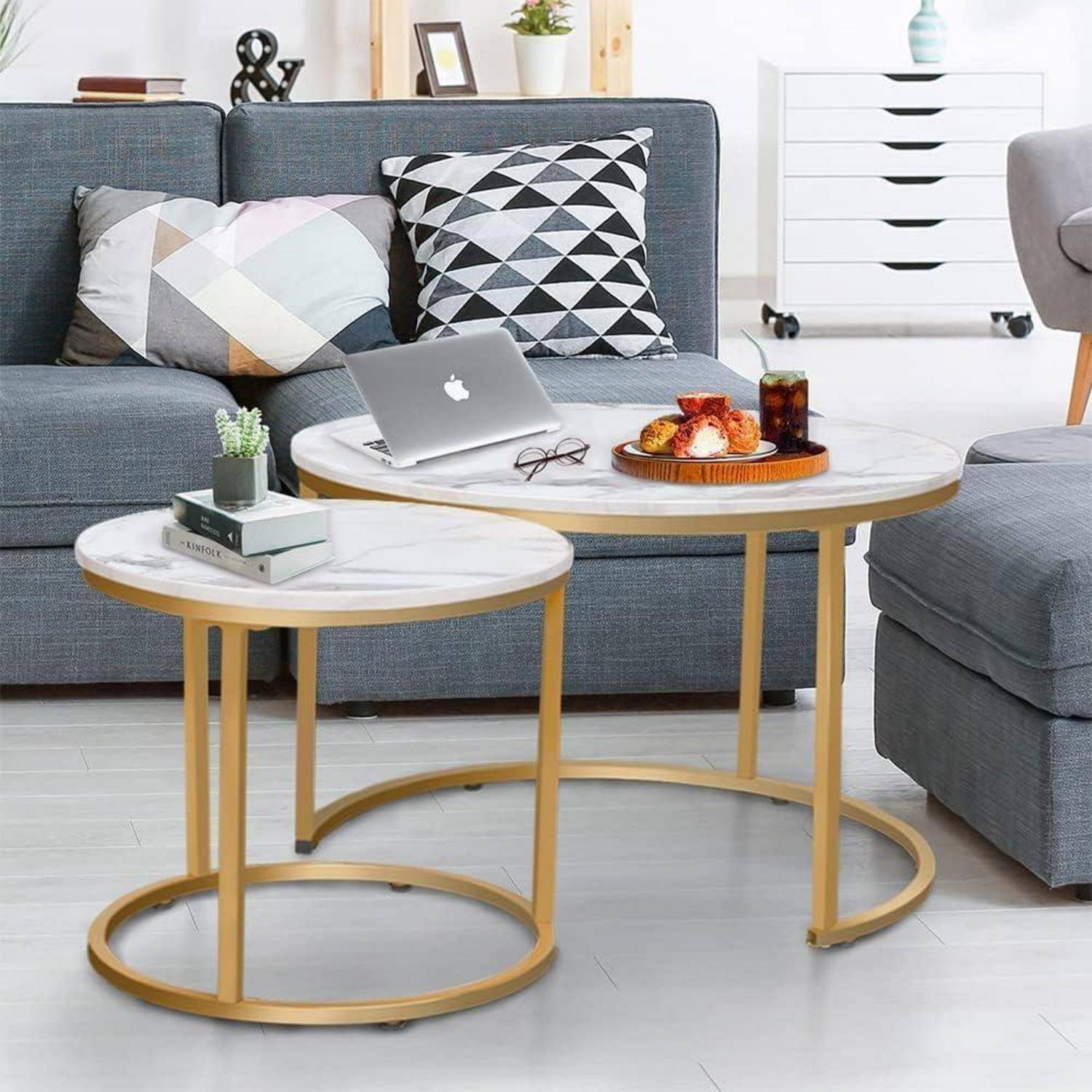 Couchtische 2er Set rund Metallrahmen 23.6 15.7 IN Weiß Gold