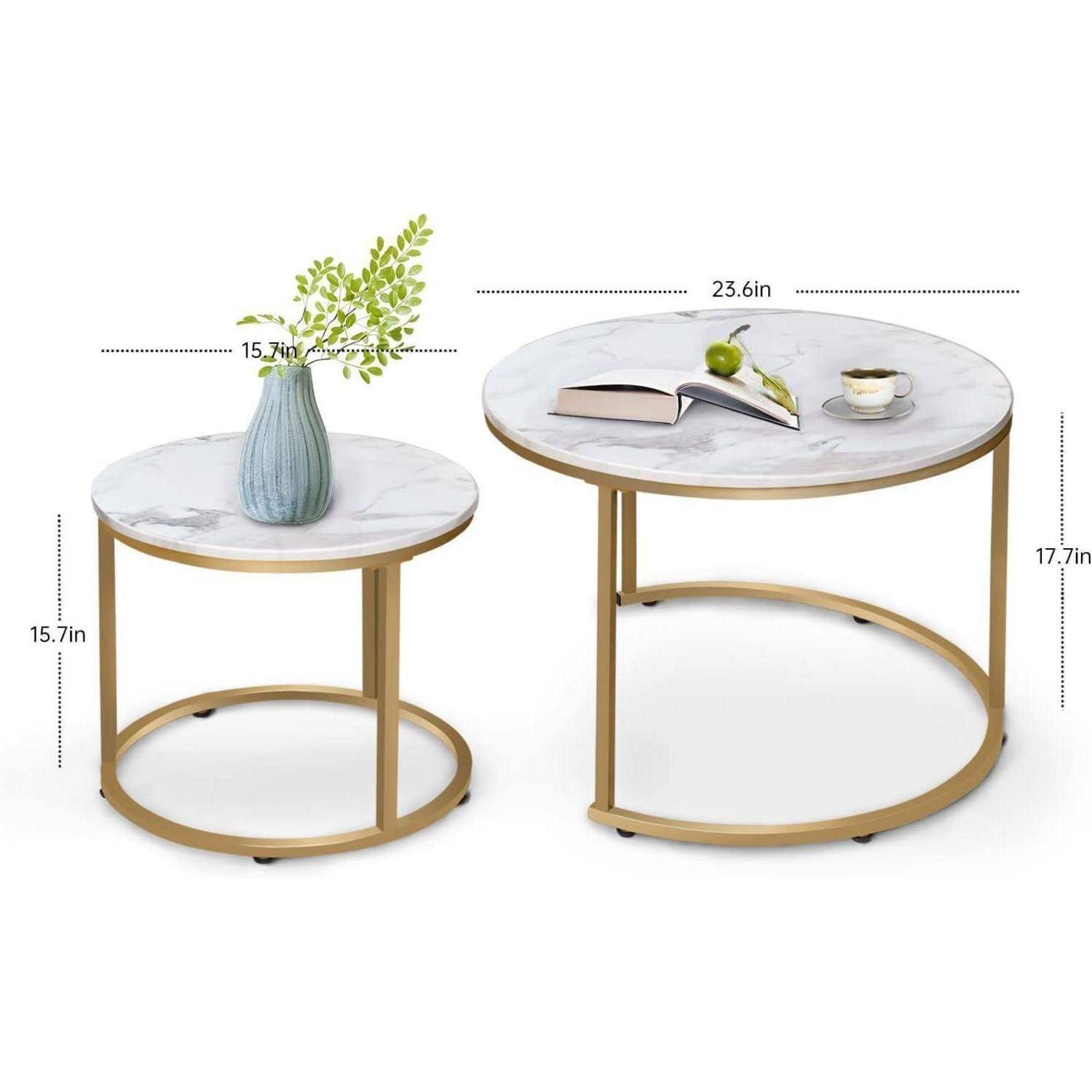 Couchtische 2er Set rund Metallrahmen 23.6 15.7 IN Weiß Gold