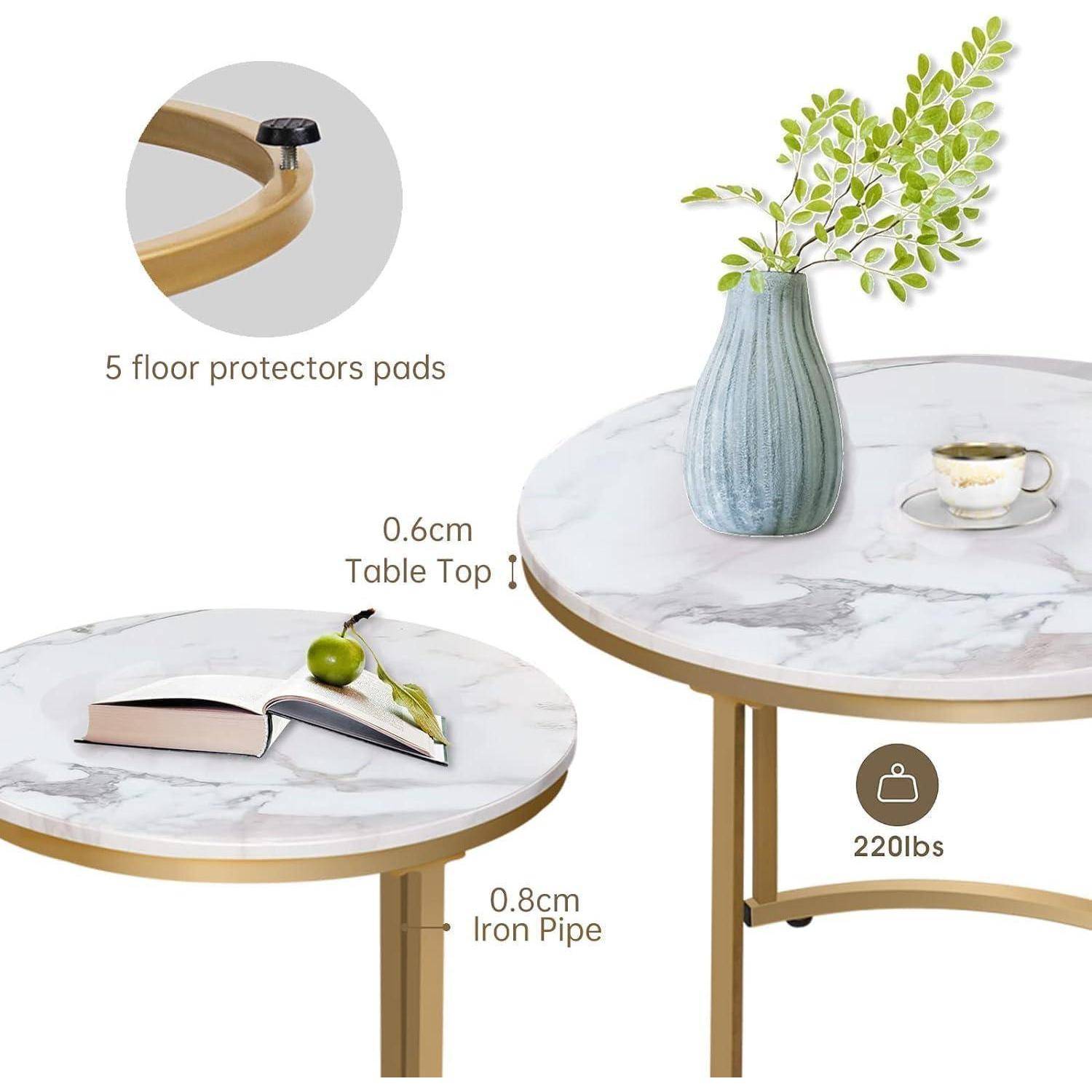 Couchtische 2er Set rund Metallrahmen 23.6 15.7 IN Weiß Gold