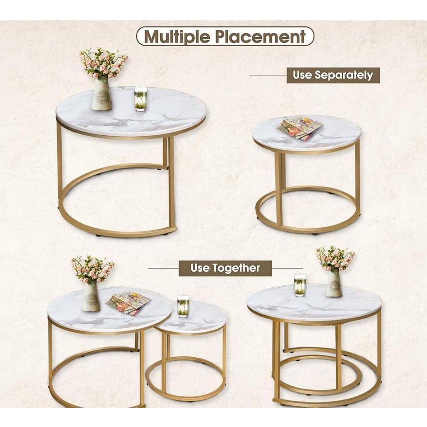 Couchtische 2er Set rund Metallrahmen 23.6 15.7 IN Weiß Gold