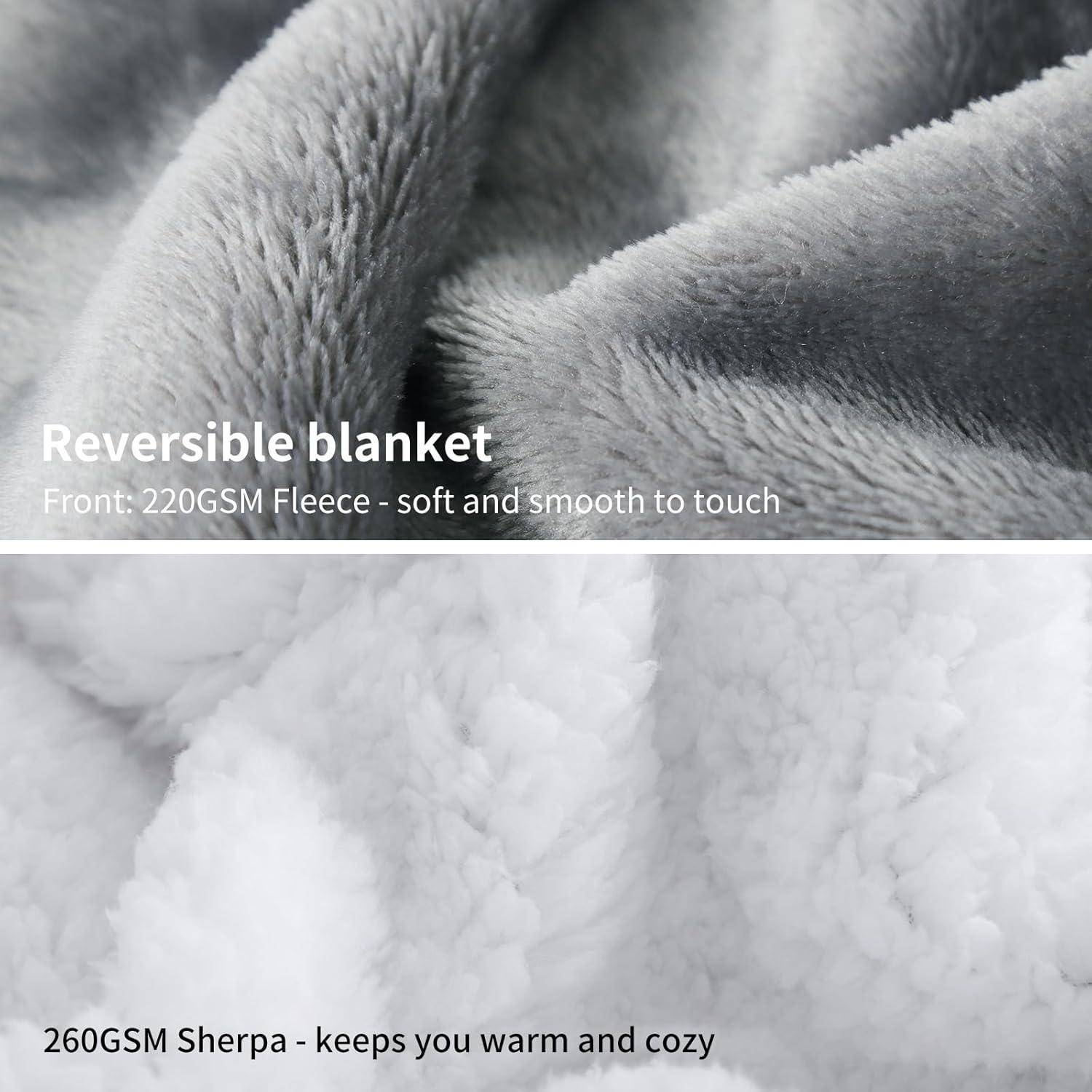 Wendeplaid mit 220 g/m² Fleece auf einer Seite für eine weiche Haptik und 260 g/m² Sherpa auf der anderen Seite für Wärme und Gemütlichkeit.