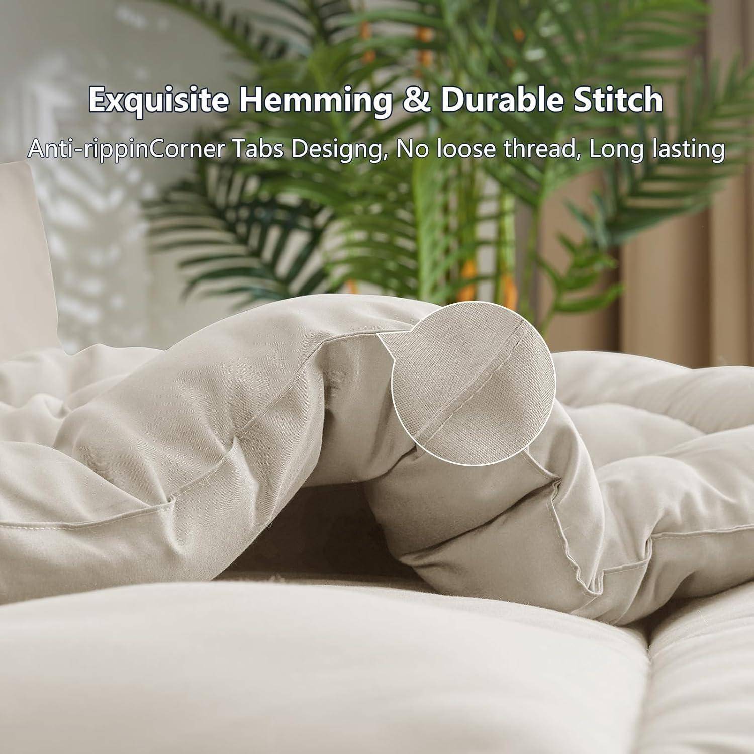 Exquisite Säume & Haltbare Naht: Anti-Einreißschutz, Ecklaschenstil, Keine losen Fäden, Langlebig.' Cremefarbene Kissenbeschreibung.