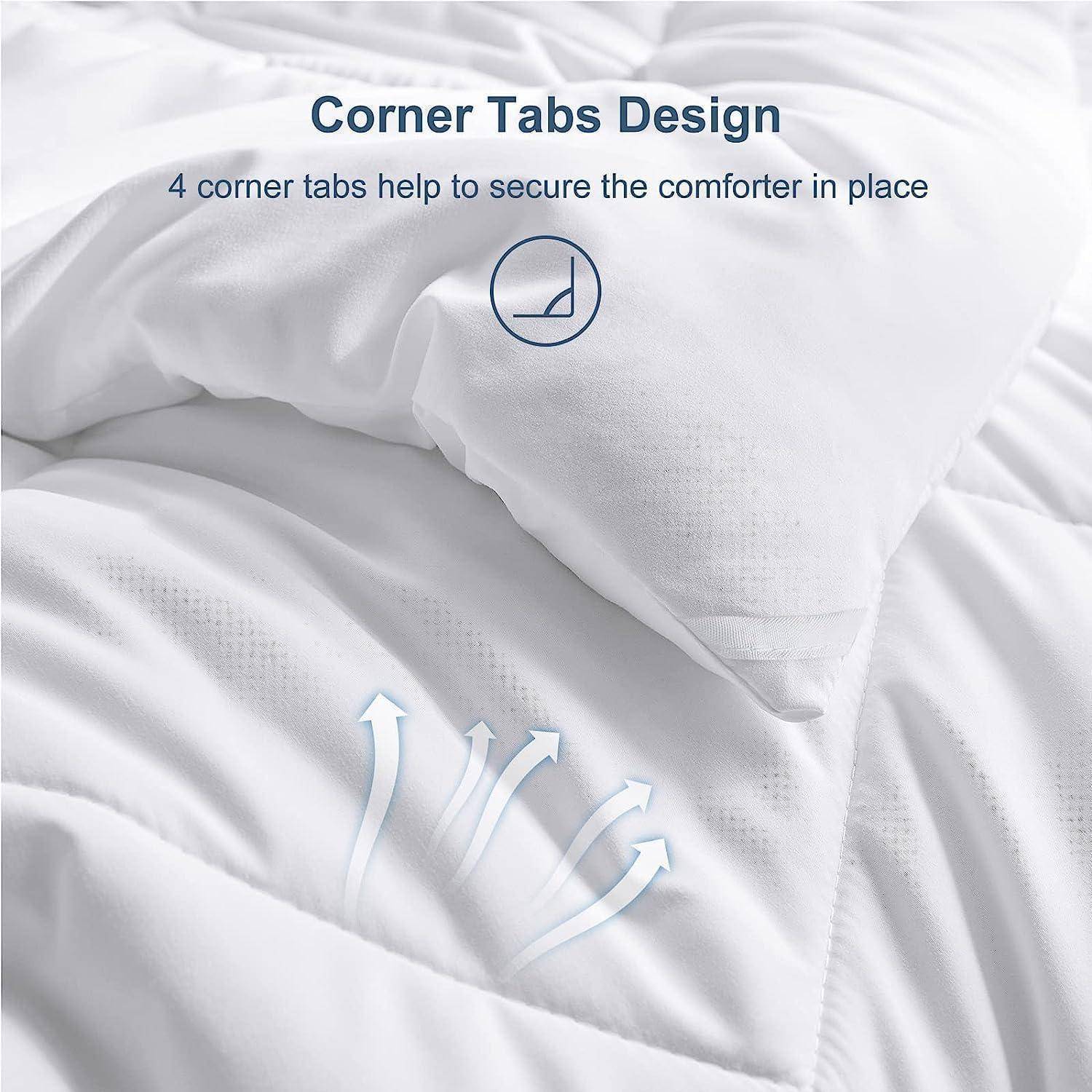 Corner Tabs Design' Diagramm, das eine weiße Bettdecke mit Pfeilen zur Luftzirkulation zeigt. Text: '4 Ecktaschen helfen, die Bettdecke an ihrem Platz zu fixieren.