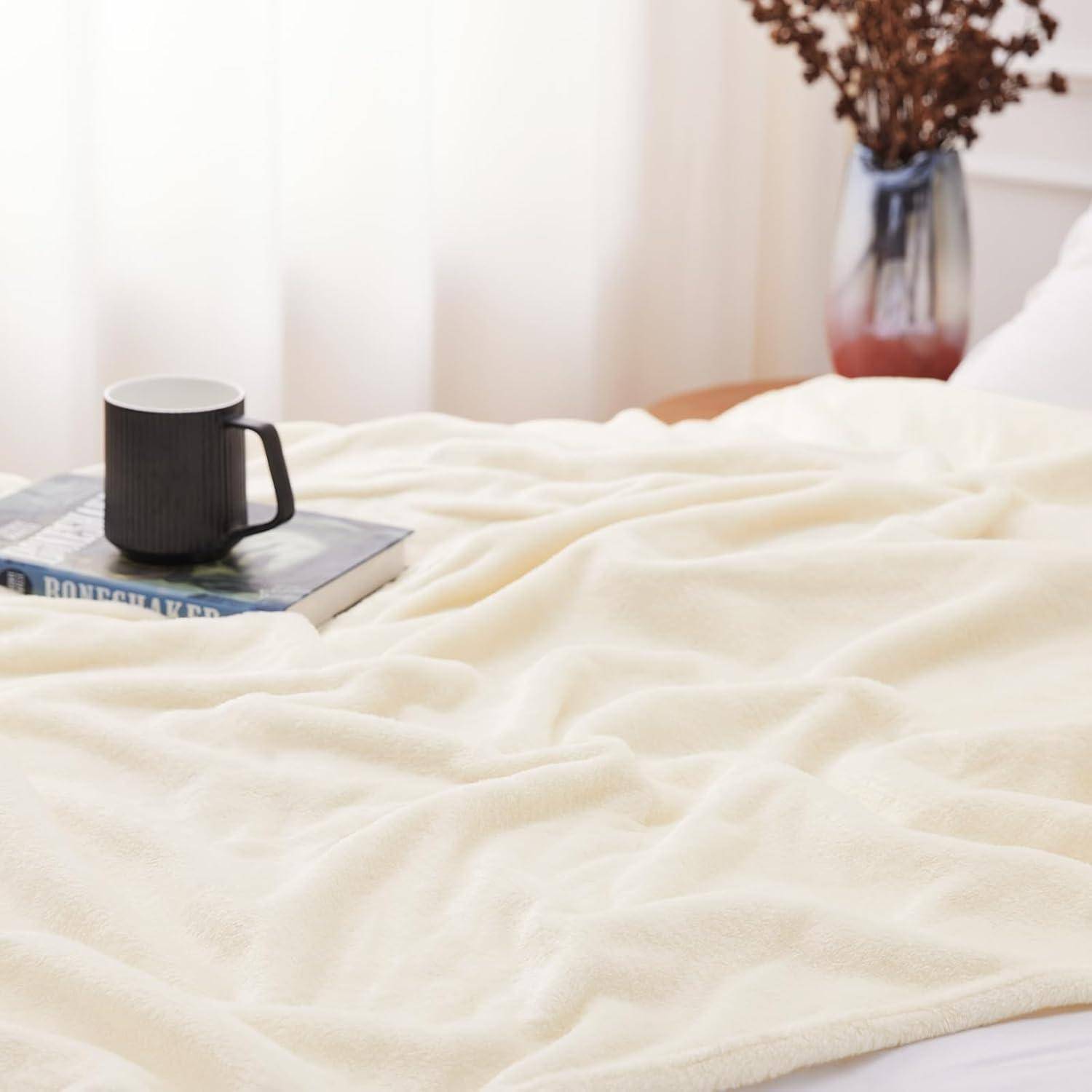 Eine gemütliche, cremefarbene Decke, die auf einem Bett ausgebreitet ist, mit einer schwarzen Tasse, die auf zwei Büchern platziert ist. Eine Vase mit getrockneten Blumen befindet sich im Hintergrund.