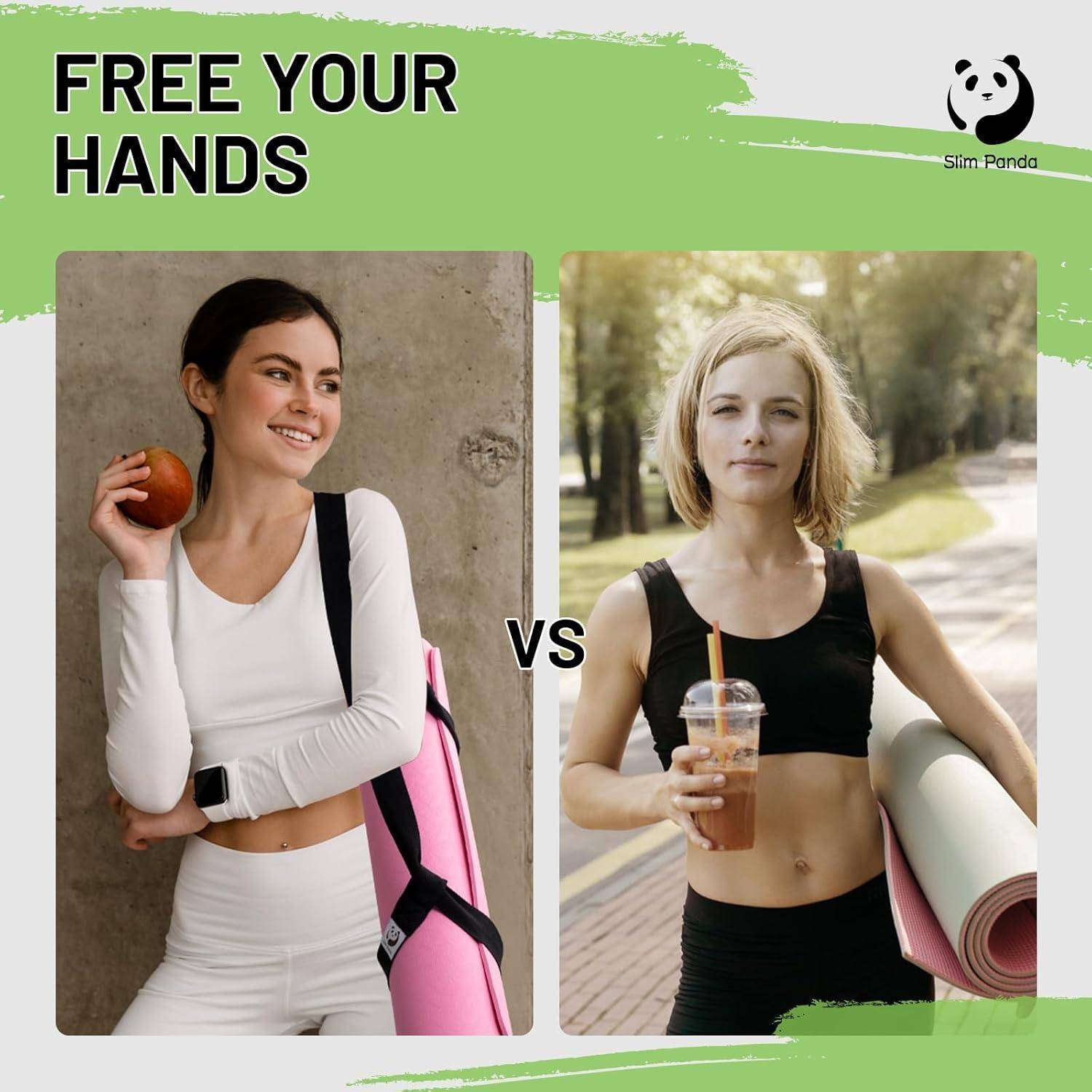 Zwei Frauen nebeneinander mit Yogamatten. Links: lächelnde Frau mit einem Apfel. Rechts: Frau mit einem Eisgetränk. Text oben: 