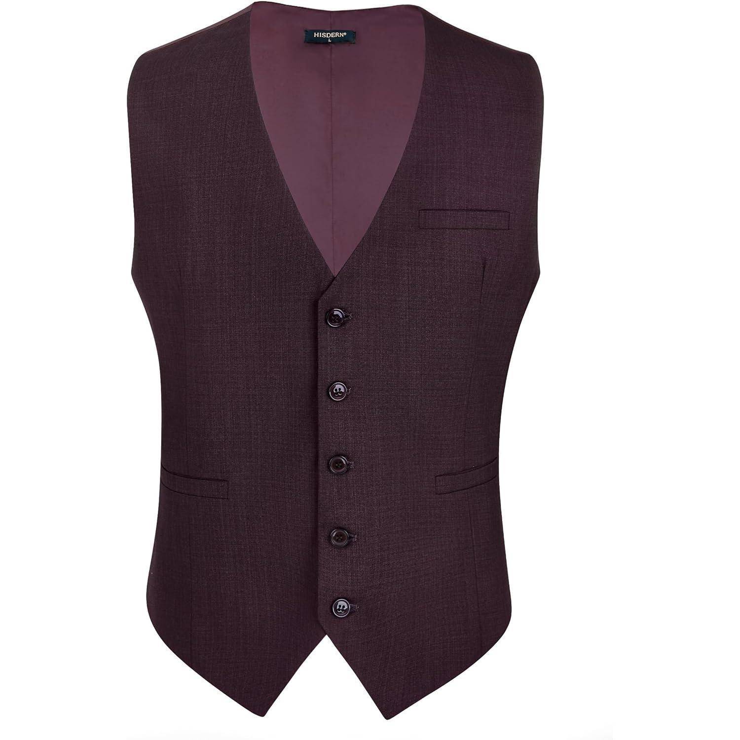 Eine bordeauxrote formelle Weste mit fünf Knöpfen und zwei vorderen Taschen. Sie ist ärmellos und hat eine glatte Oberfläche, geeignet für formelle Anlässe.