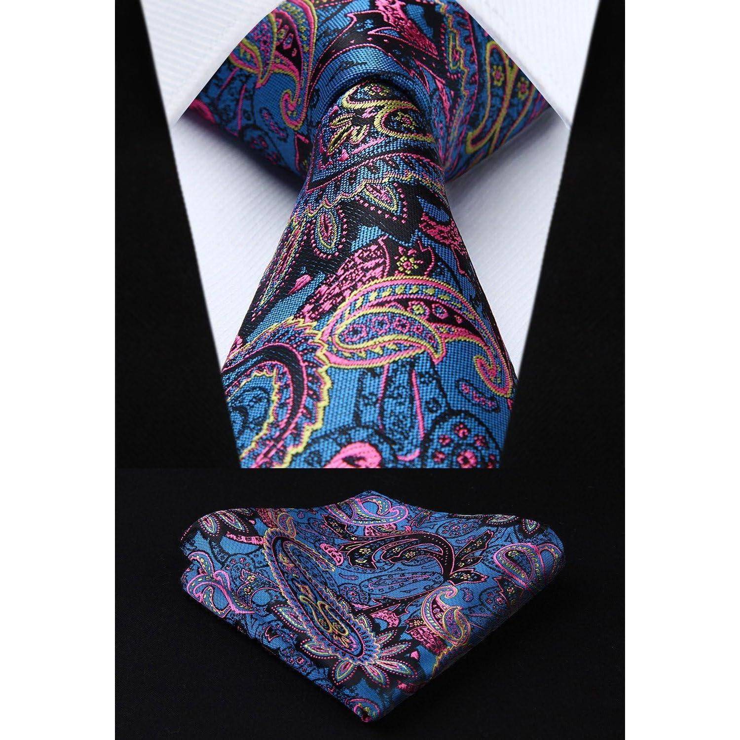 Eine farbenfroh gemusterte Paisley-Krawatte und ein passendes Einstecktuch auf einem schwarzen Anzug, mit lebhaften blauen, rosa und gelben Wirbeln und Formen.