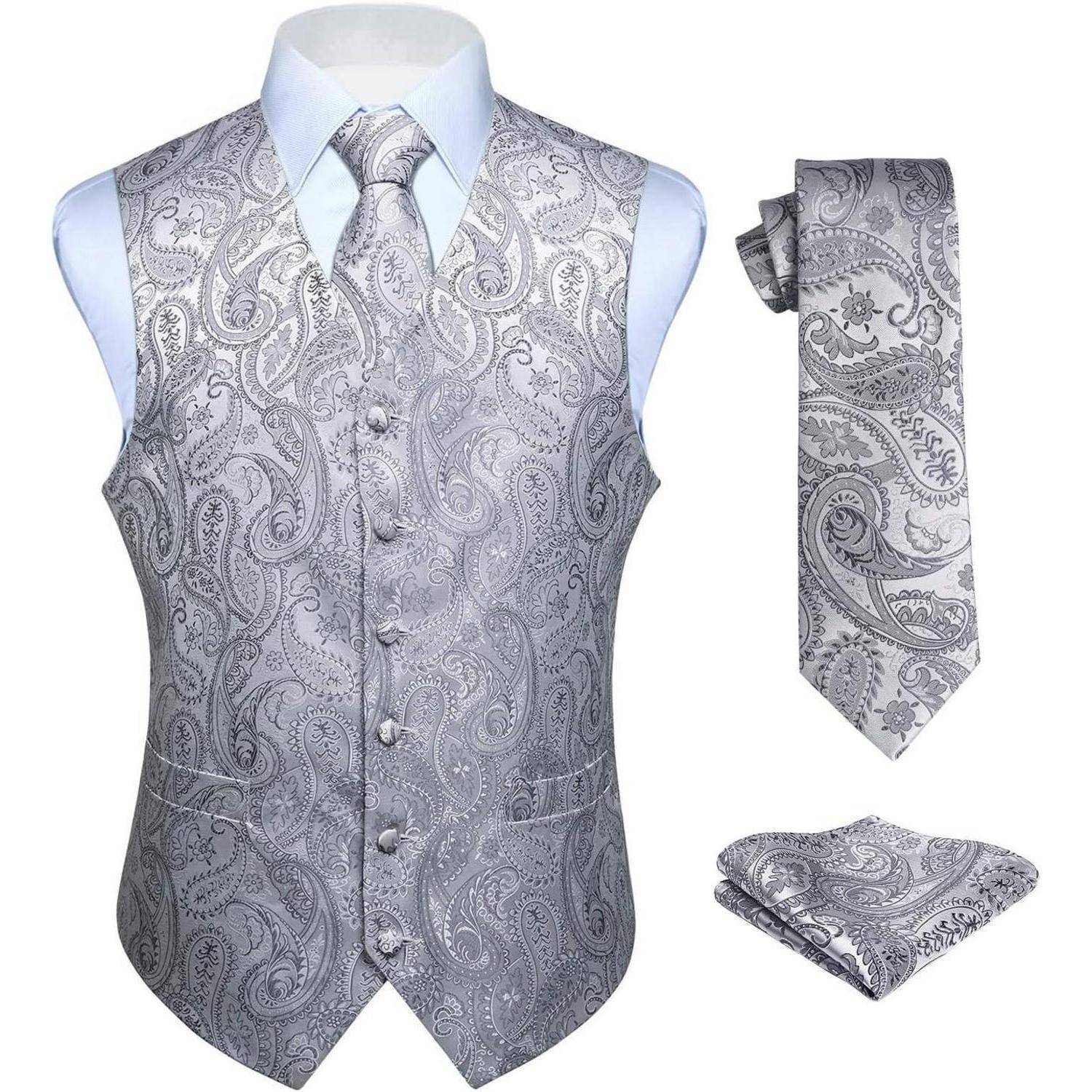 Weste Herren Hochzeit Krawatte Einstecktuch Jacquard Set M Grau