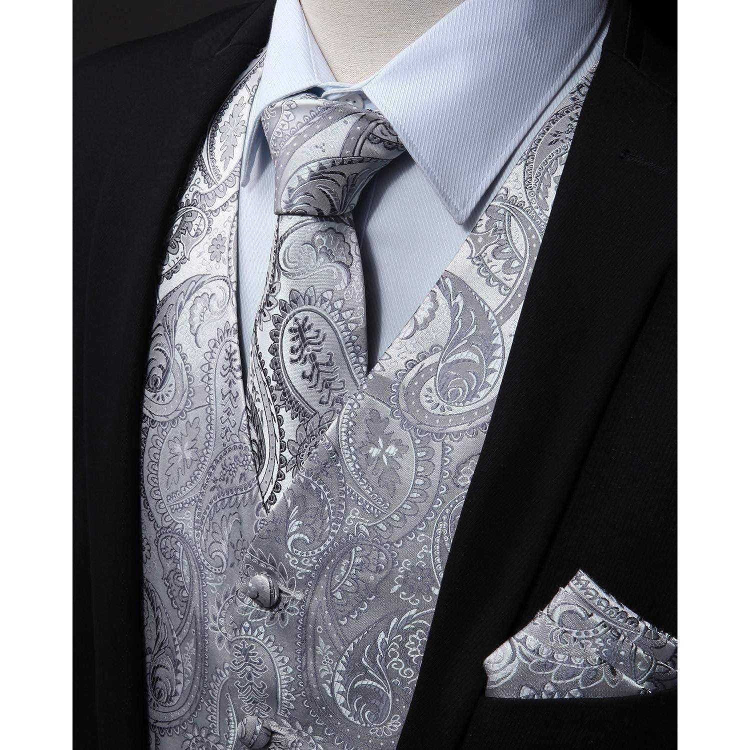 Weste Herren Hochzeit Krawatte Einstecktuch Jacquard Set M Grau
