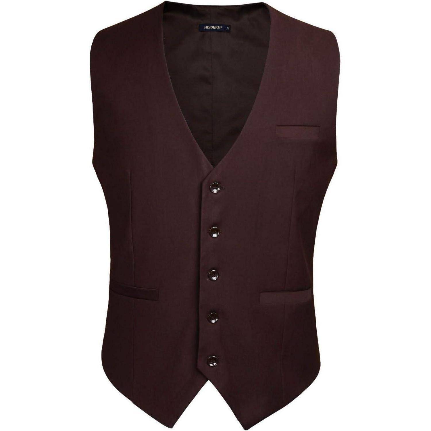 Eine dunkelbraune, ärmelllose Weste mit V-Ausschnitt und fünf Knöpfen vorne. Sie verfügt über zwei kleine Taschen und ist auf einen formellen Look zugeschnitten.