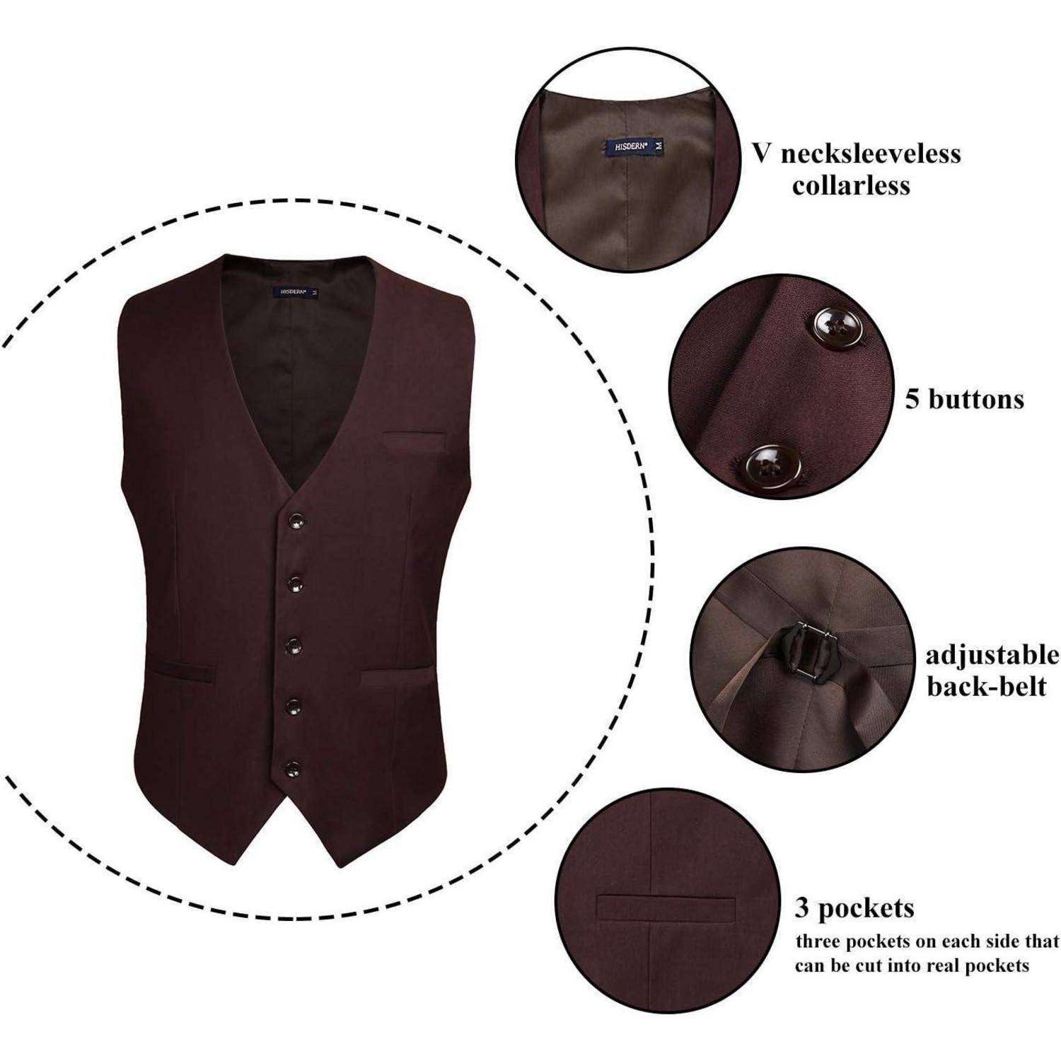 Brauner Westen-Diagramm mit folgenden Merkmalen: V-Ausschnitt, ärmelloses Design, 5 Knöpfe, verstellbarer Rückengürtel und 3 Taschen mit optionaler Umwandlungsmöglichkeit in echte Taschen.