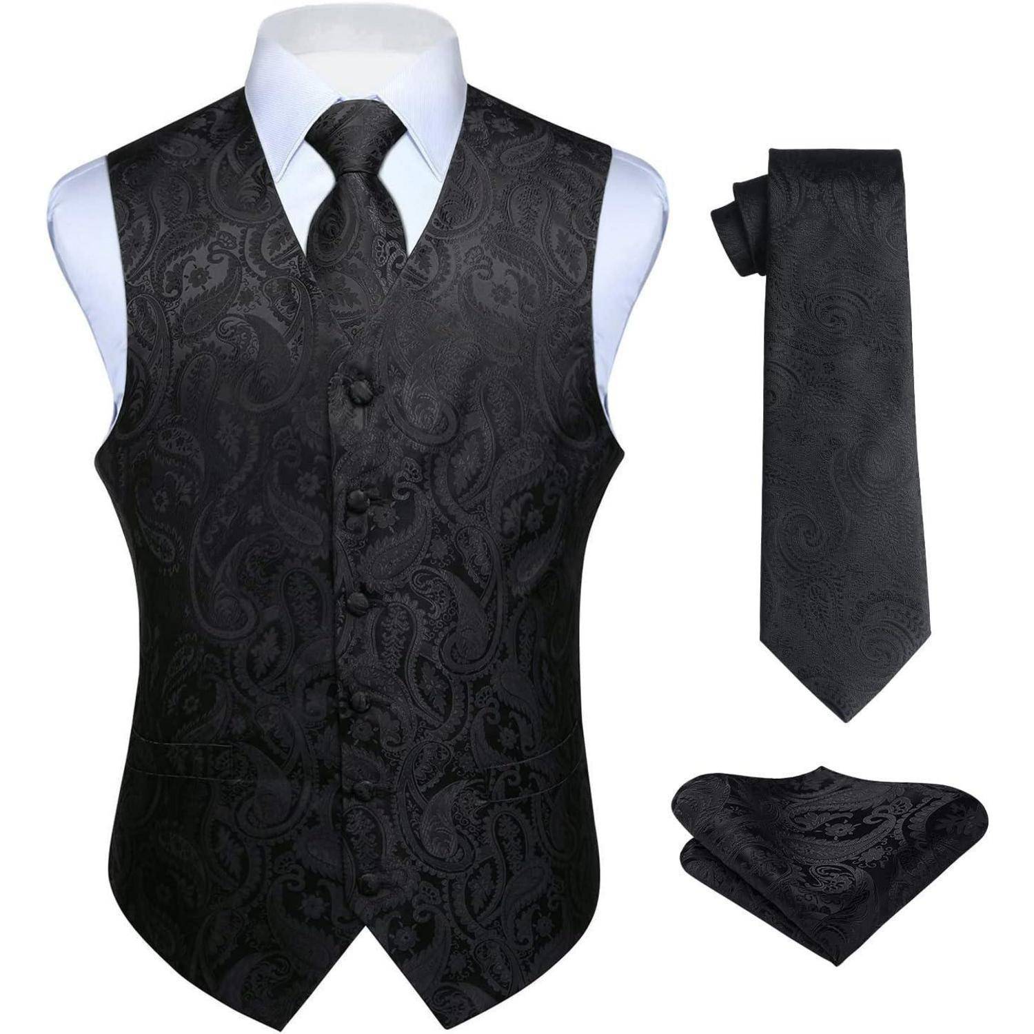 Weste Herren Jacquard Floral Krawatte Einstecktuch 6XL Schwarz