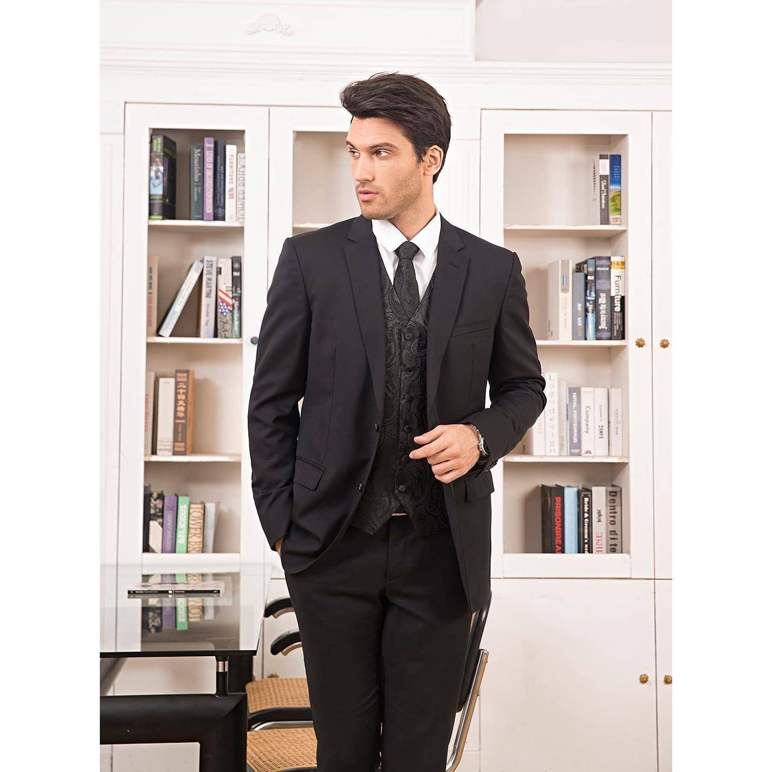 Weste Krawatte Einstecktuch Jacquard Hochzeit Anzugset XXL Schwarz